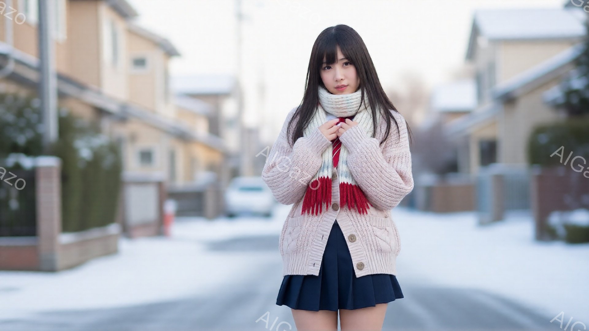 長い黒髪を肩のあたりで切りそろえた女性が、クリーム色のケーブルニットカーディガンと紺色のプリーツスカートを着用し、赤いストライプの入ったマフラーを首に巻いています。彼女は両手を前に重ねて、少し微笑みな - AI生成フリー素材