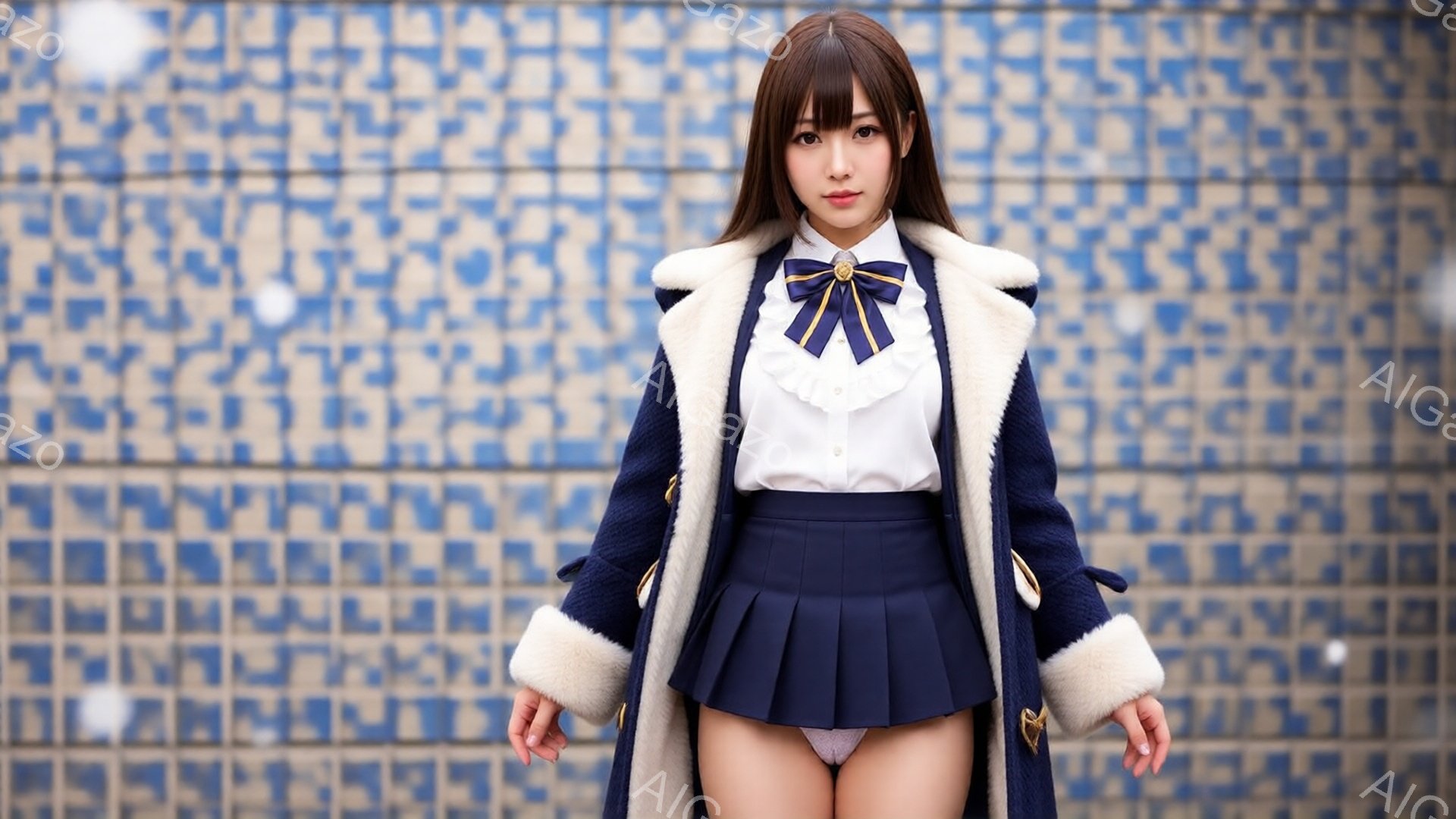 深い青色のプリーツスカートに白いブラウス、そして毛皮のような襟と金色のボタンが特徴の紺色のコートを身につけた若い女性が写っています。彼女は長い茶色の髪をなびかせ、わずかに微笑んでカメラを見つめています - AI生成フリー素材