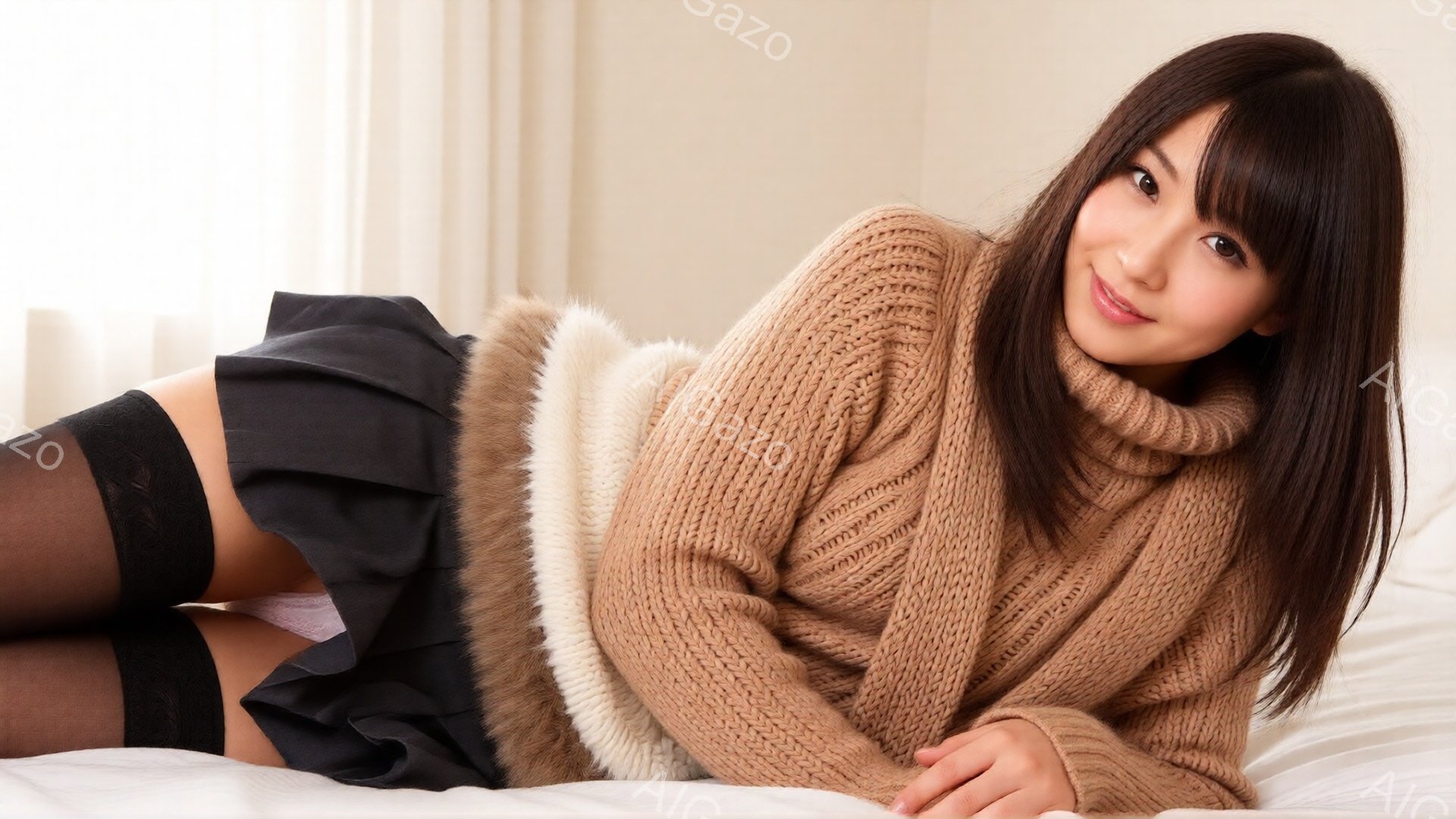 長い黒髪の女性が、ベージュのざっくりとしたニットセーターと黒のプリーツスカート、黒いストッキングを身につけて、白いベッドに横たわっています。彼女はカメラに向かって微笑んでおり、リラックスした雰囲気で、 - AI生成フリー素材