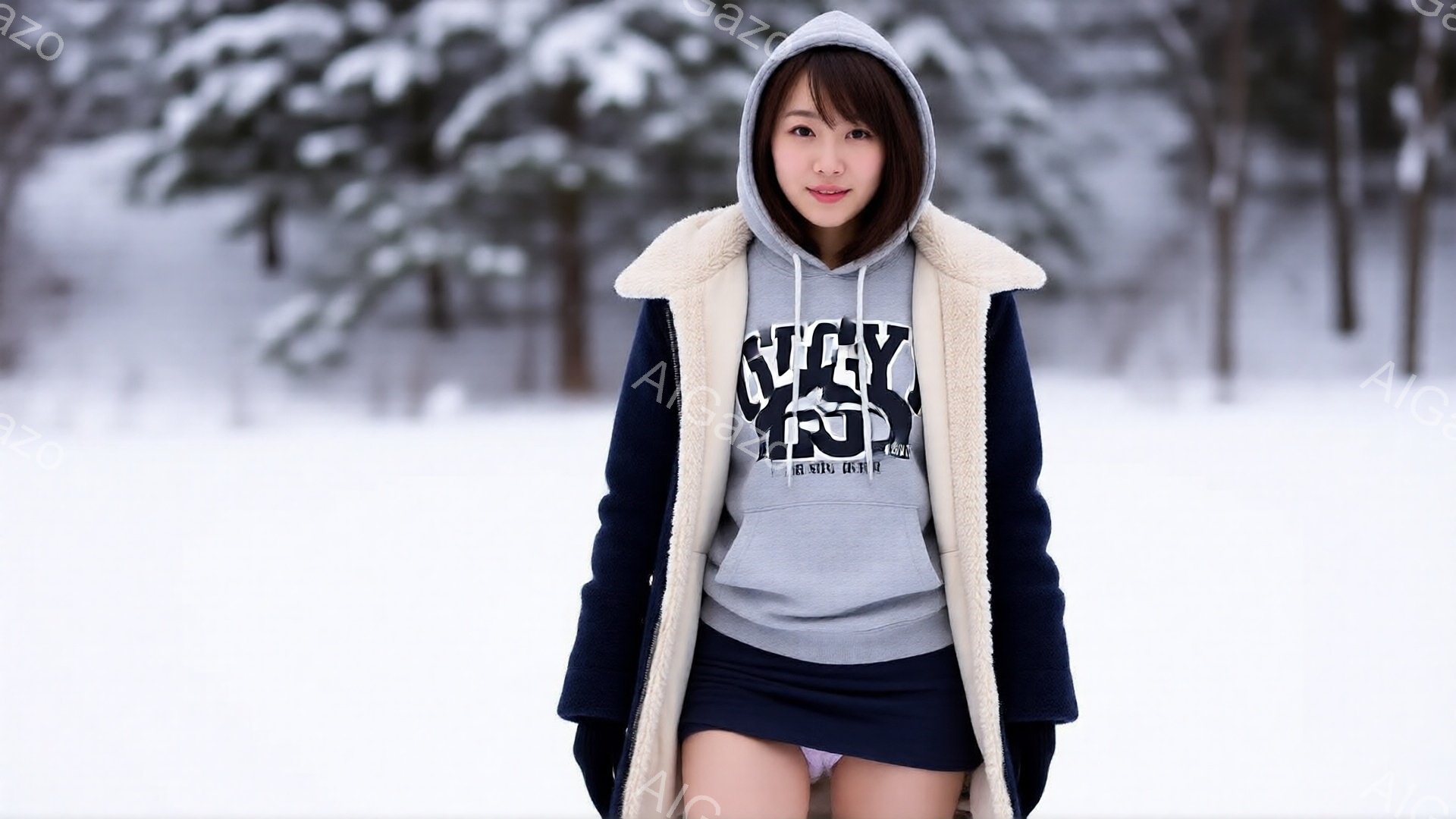 少女は、灰色のグラフィックがプリントされたパーカーと紺色のミニスカートを着用し、雪景色の中で正面を見据えています。彼女はフードを深く被り、少し微笑んだ表情で、冬の寒さを防ぐように両腕を体に寄せたポーズをとっています。背景は雪に覆われた木々で、全体的に静かで穏やかな冬の雰囲気が漂っています。