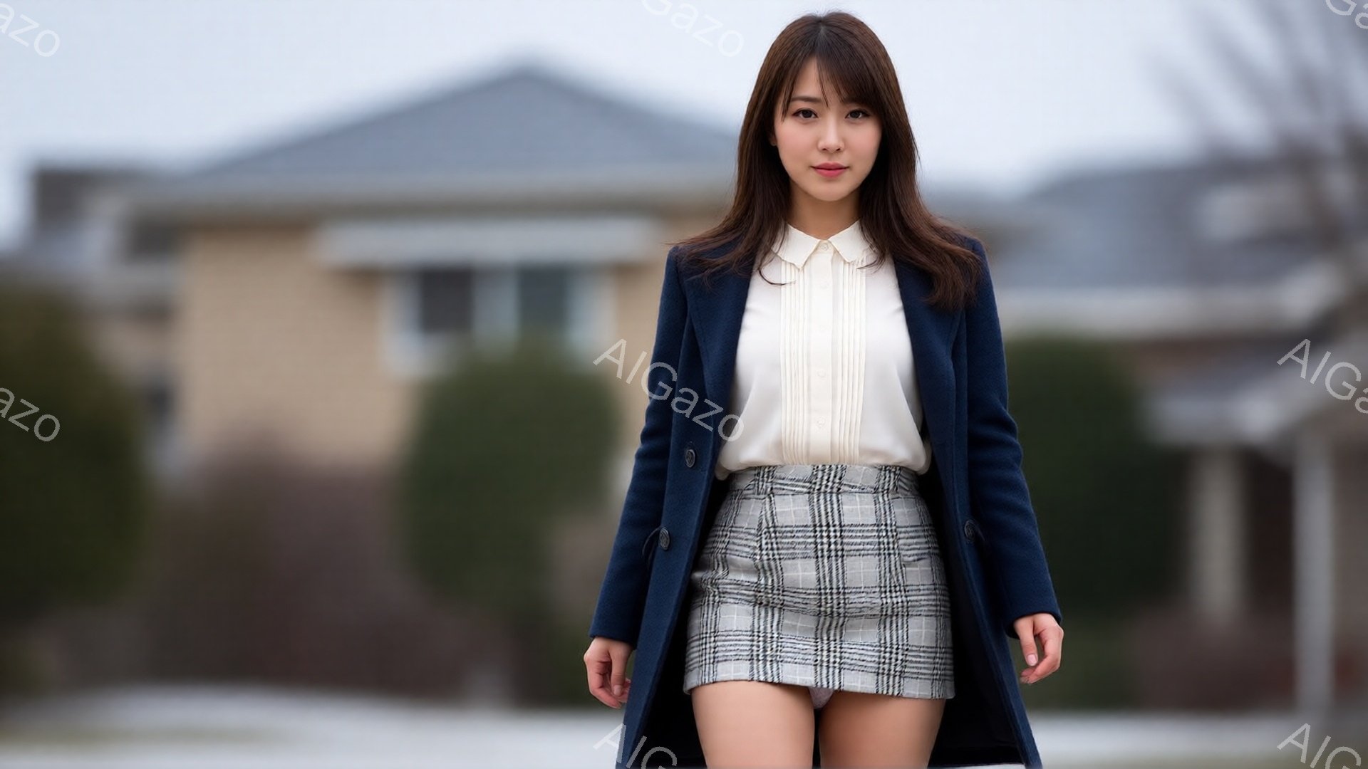 若い女性が紺色のオーバーコートと白のブラウス、そしてチェック柄のミニスカートを身に着けて立っています。彼女は長いダークブラウンの髪をしており、わずかに微笑んでいます。背景にはぼやけた住宅が見え、天気は曇りのようです。