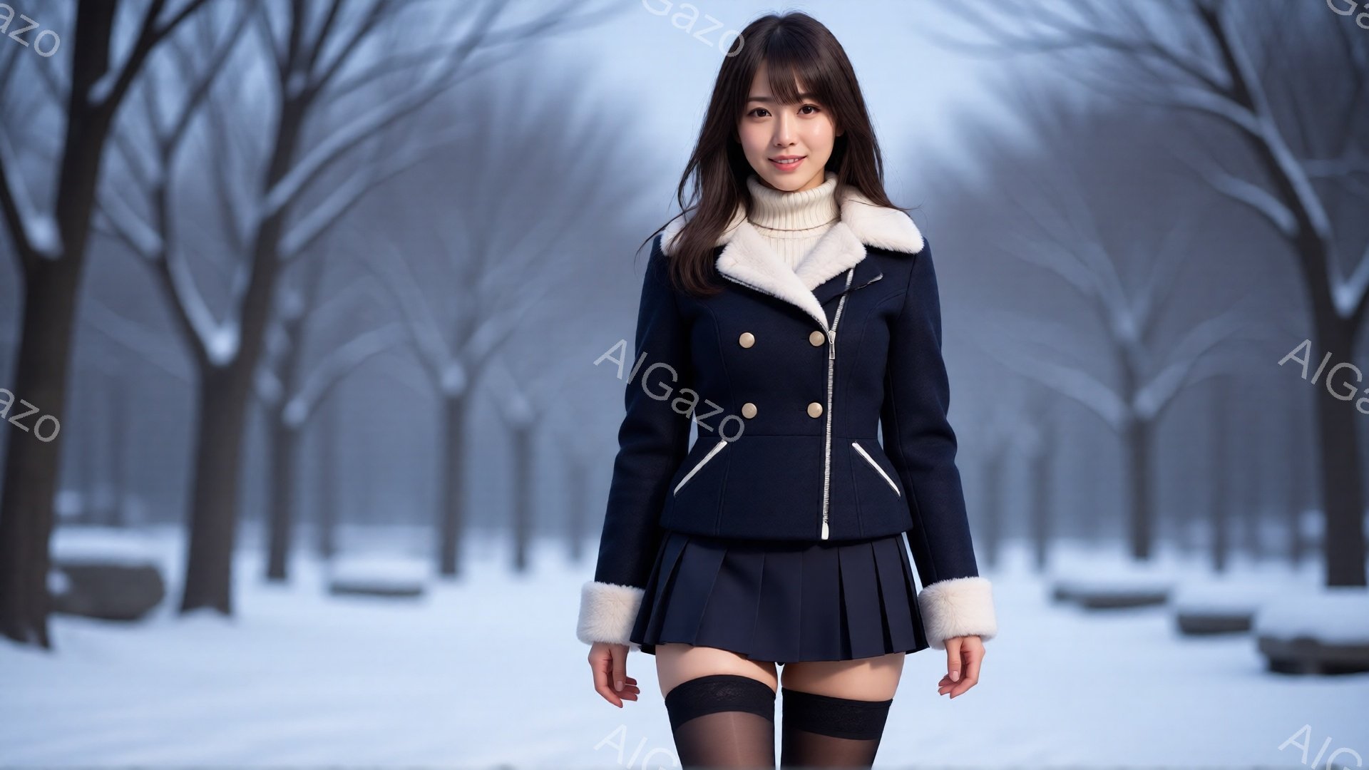 画像は、雪景色の中、紺色のウールコートとプリーツスカートを身に着けた若い女性を捉えています。彼女はストッキングを履き、微笑んでカメラを見つめており、姿勢はリラックスしています。背景には雪に覆われた木々 - AI生成フリー素材