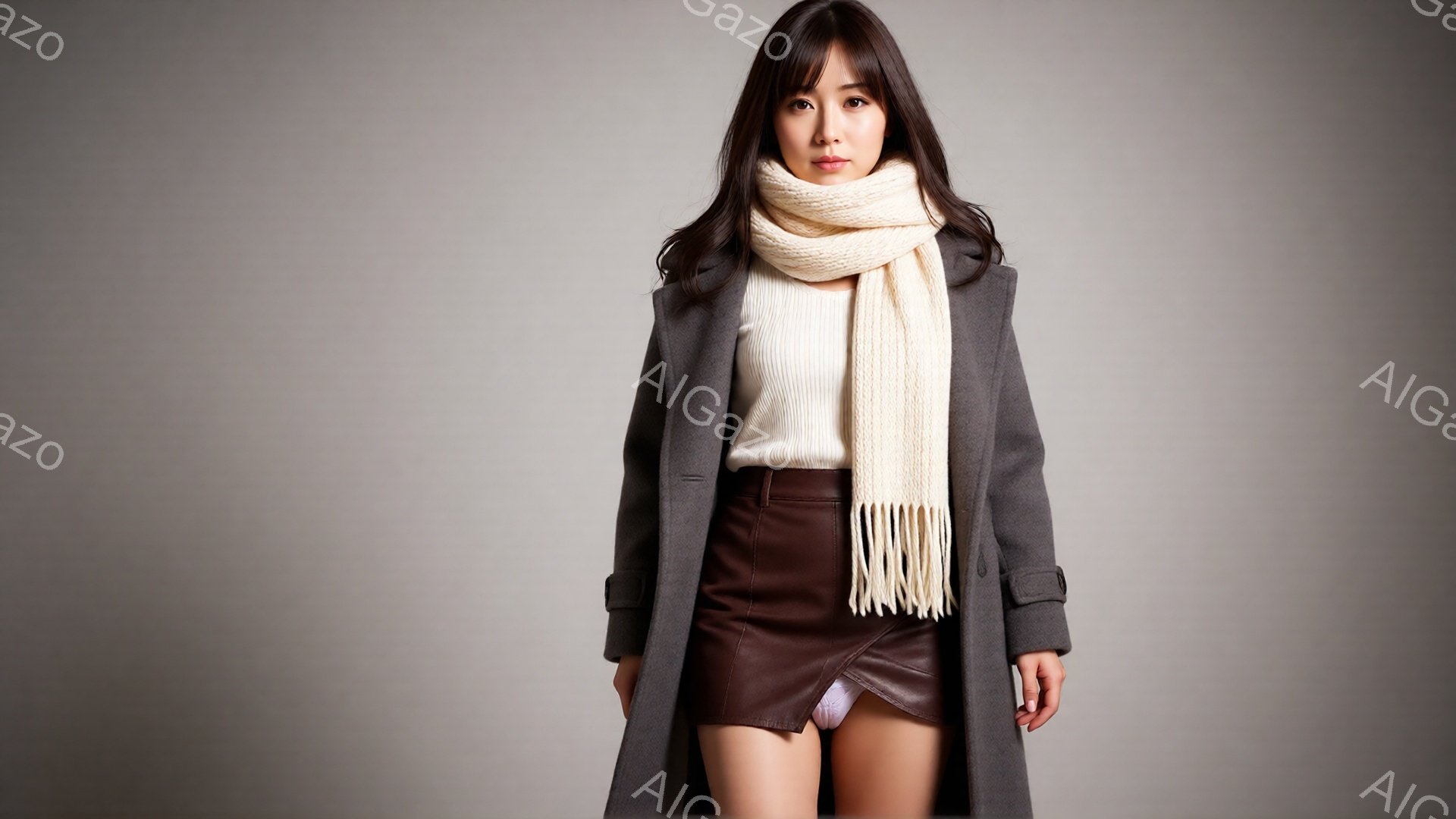長いダークブラウンの髪を肩のあたりで切り揃えた女性が、グレーのロングコートとブラウンのレザーのミニスカートを着用しています。オフホワイトのニットセーターと、フリンジのついた同じ色のマフラーがコーディネ - AI生成フリー素材
