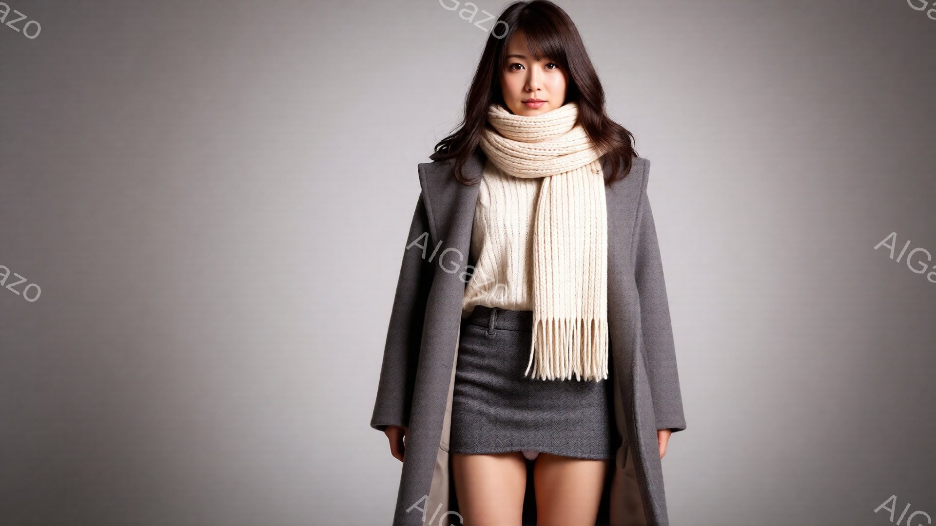 モデルは、グレーのコートとスカートを身に着け、クリーム色のニットセーターとマフラーを着用しています。彼女はまっすぐ前を見ており、穏やかで控えめな表情をしています。背景は単調なグレーで、モデルに焦点が当てられています。
