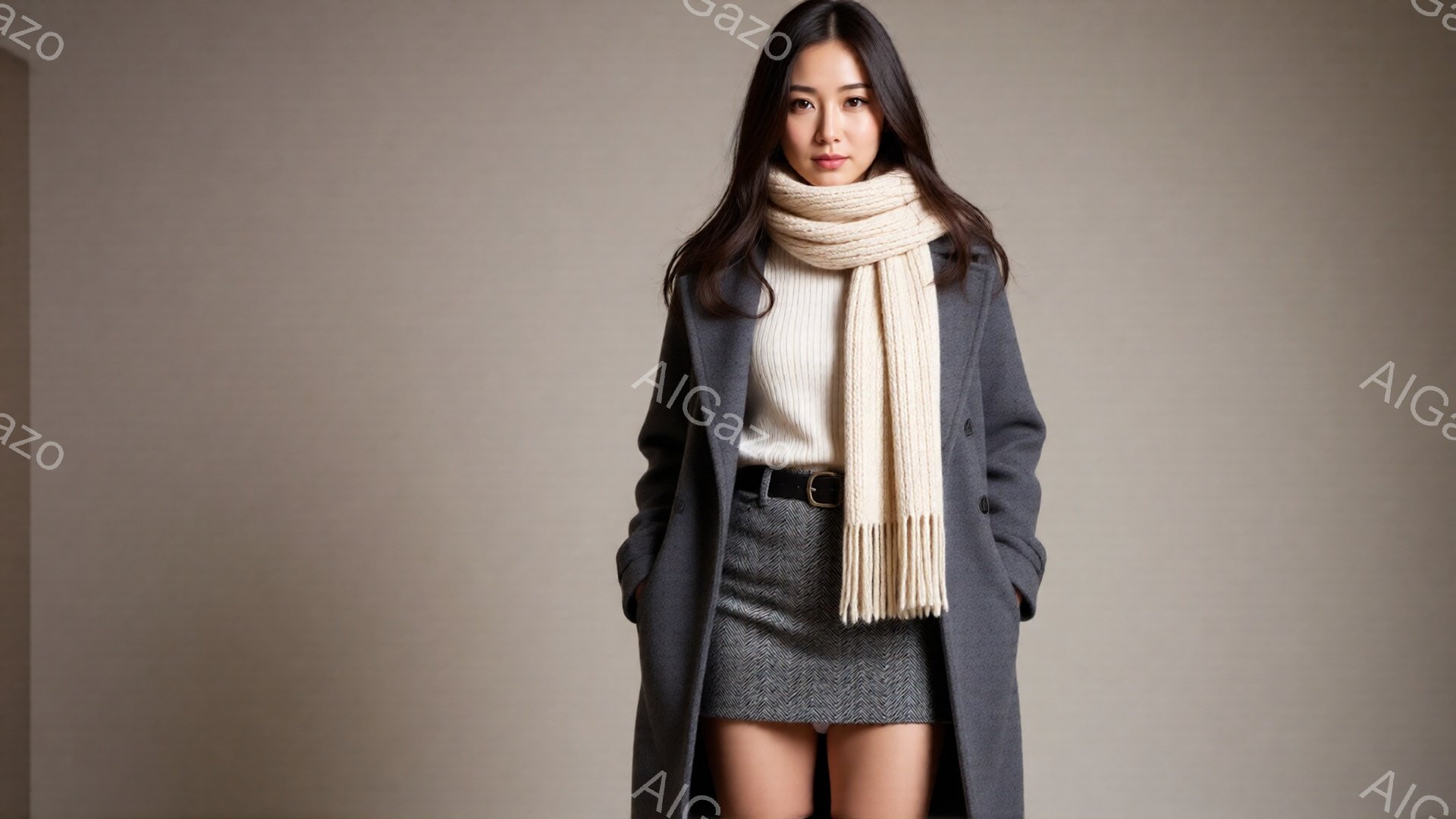 画像には、グレーのコートとツイードのミニスカートを身につけた女性が写っています。彼女はオフホワイトのニットセーターと、それを引き立てるような淡い色のスカーフを巻いています。穏やかな表情で、わずかに微笑 - AI生成フリー素材