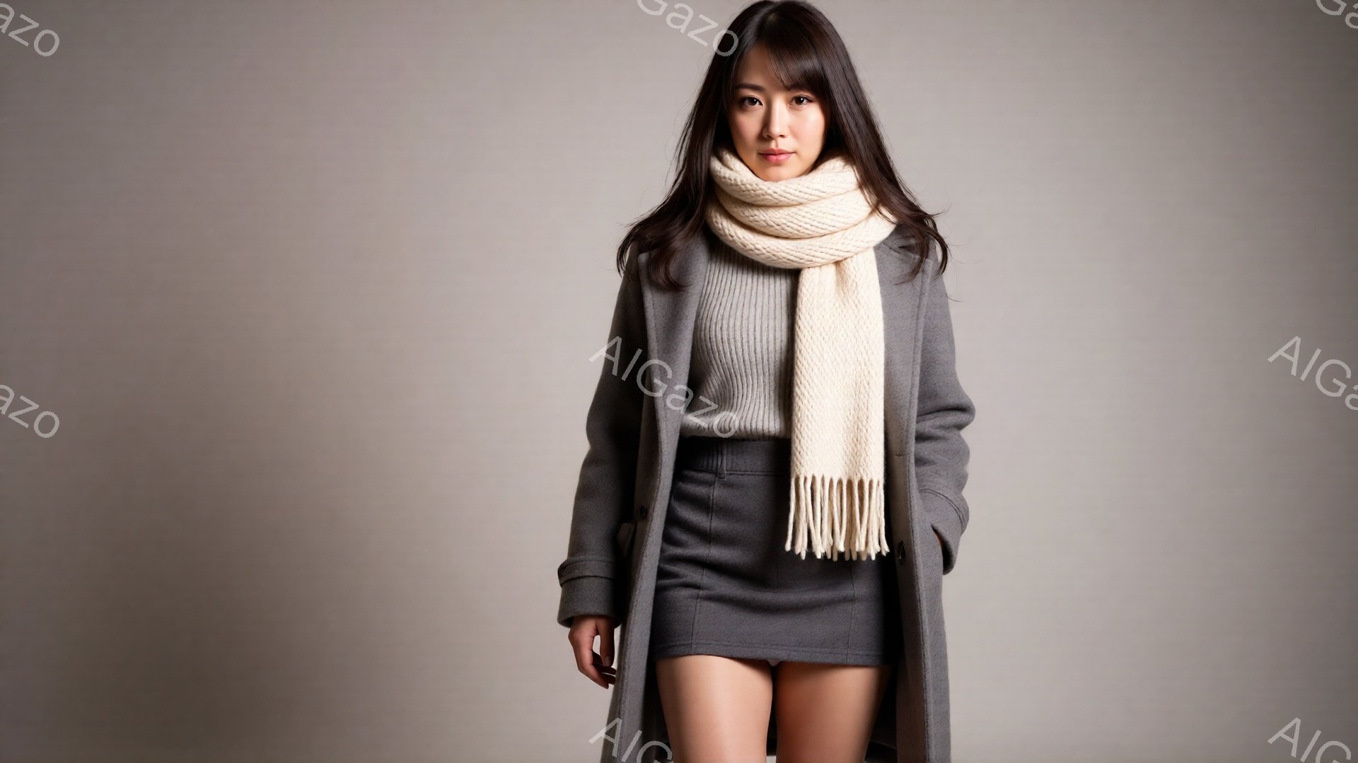 長い黒髪の女性が、グレーのニットとミニスカート、そしてグレーのコートを身に着けて立っています。首にはオフホワイトの厚手のスカーフが巻かれており、落ち着いた表情で正面を見据えています。背景は明るいグレー - AI生成フリー素材