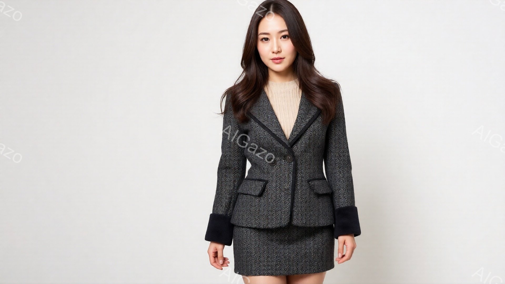この女性は、ヘリンボーン柄のジャケットとスカートのセットアップを着ており、インナーにはベージュのニットを着用しています。 長いダークブラウンの髪は肩にかかり、落ち着いた表情でカメラを見つめています。  - AI生成フリー素材