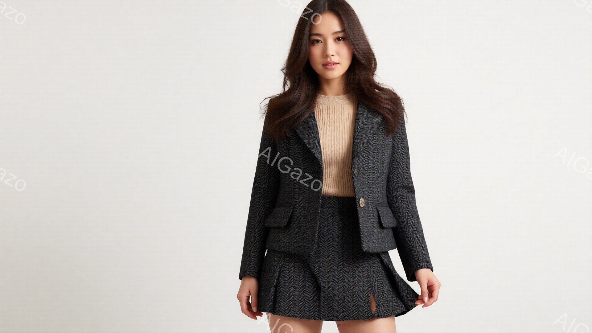 モデルは、ヘリンボーン柄のジャケットとスカートのセットアップを着用し、ベージュのニットセーターを合わせている。彼女は長い黒髪をセンターパートにしており、落ち着いた表情で正面を見つめている。背景は白く、 - AI生成フリー素材