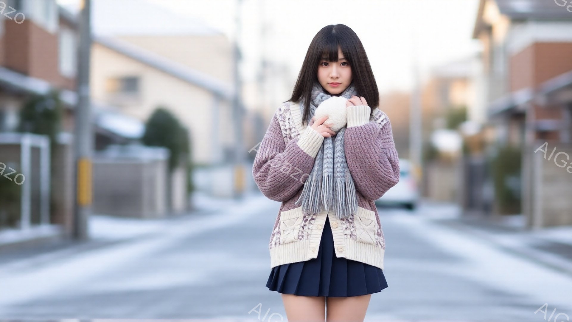 若い女性が、暖かいセーターと紺色のプリーツスカートを身につけて立っています。彼女は両腕で何かを抱きしめ、少し微笑んでいます。背景には、ぼやけた住宅街とアスファルトの道が広がり、冬の寒さを感じさせる曇り - AI生成フリー素材