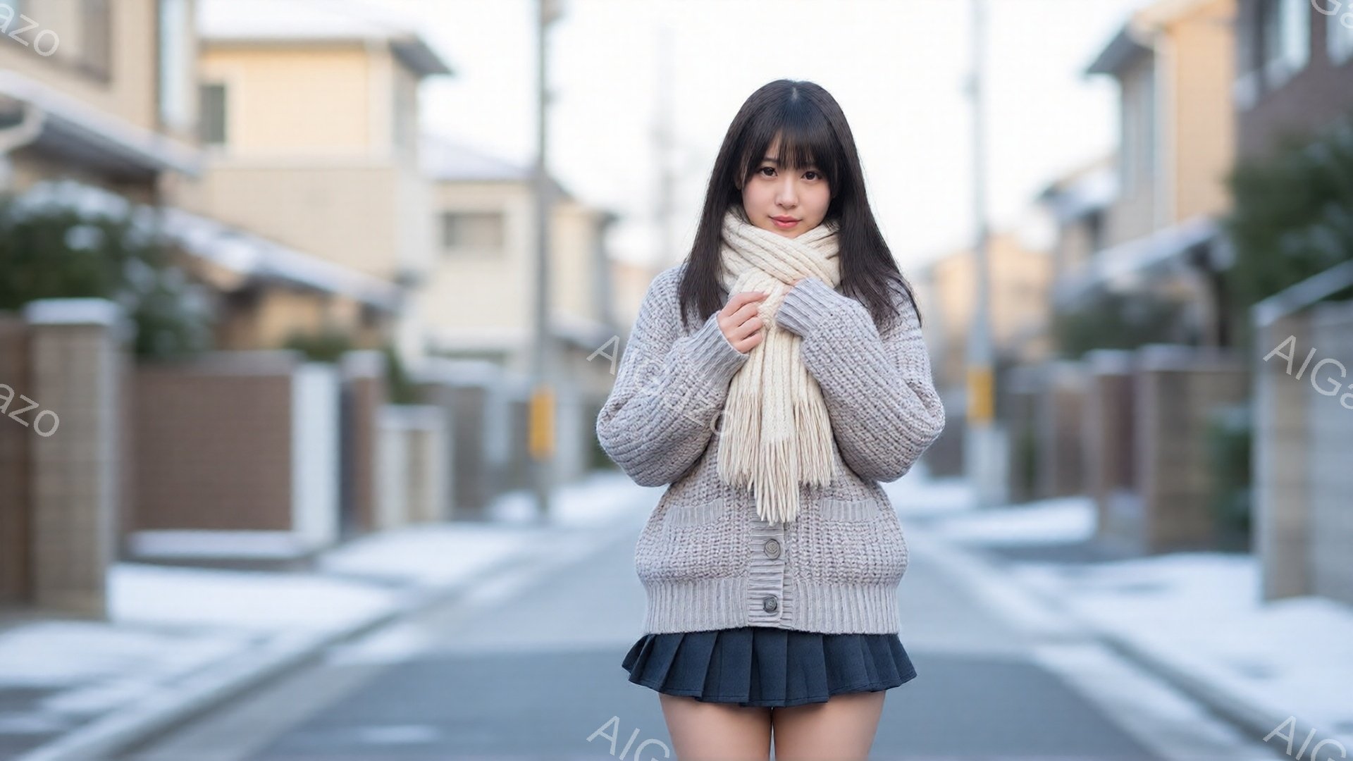 若い女性が、ベージュのざっくりとしたカーディガンと黒のプリーツスカート、そしてクリーム色のマフラーを身につけて立っている。彼女は両腕でマフラーを抱え込み、少し微笑んでいる。背景には住宅が並び、道路には雪が積もり、冬の穏やかな雰囲気を醸し出している。