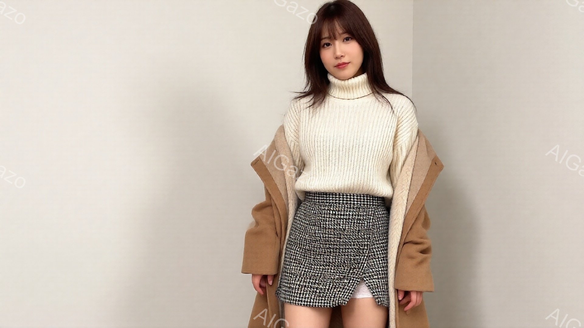 長いダークブラウンの髪を耳にかける女性が、ベージュのコートとオフホワイトのセーター、そしてチェック柄のミニスカートを身につけて立っています。彼女はわずかに微笑んでおり、リラックスした姿勢でカメラを見て - AI生成フリー素材