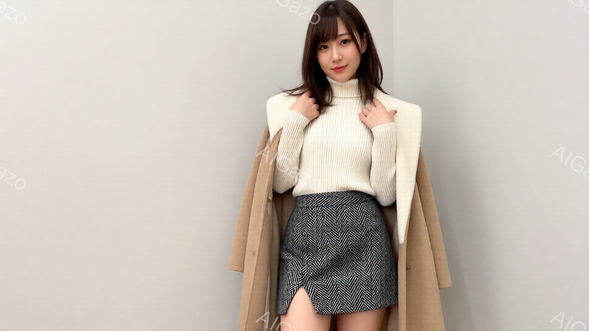 モデルはベージュのコートを羽織り、白いタートルネックセーターと、ブルーと黒のヘリンボーン柄のミニスカートを着用しています。彼女は少し微笑んでおり、少し内側に入った肩でリラックスした姿勢で立っています。背景は均一な薄いグレーで、人物に焦点が当てられています。