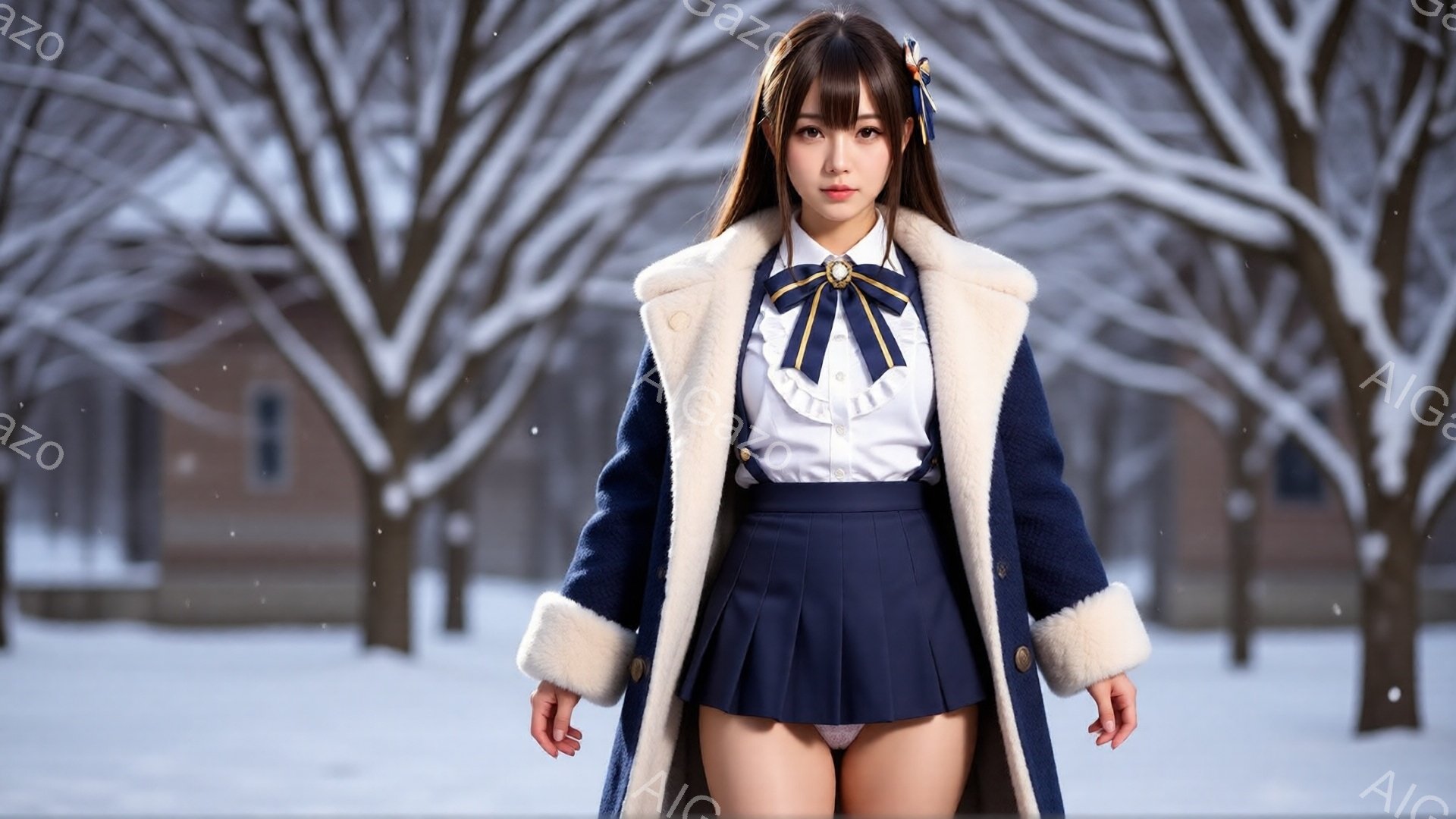 冬の雪景色の中で、セーラー服風の制服を着た若い女性が立っている。紺色のスカートと白いブラウスにネイビーのリボン、そしてクリーム色のファー付きのコートが印象的だ。彼女は少し微笑み、カメラの方を見つめている。
