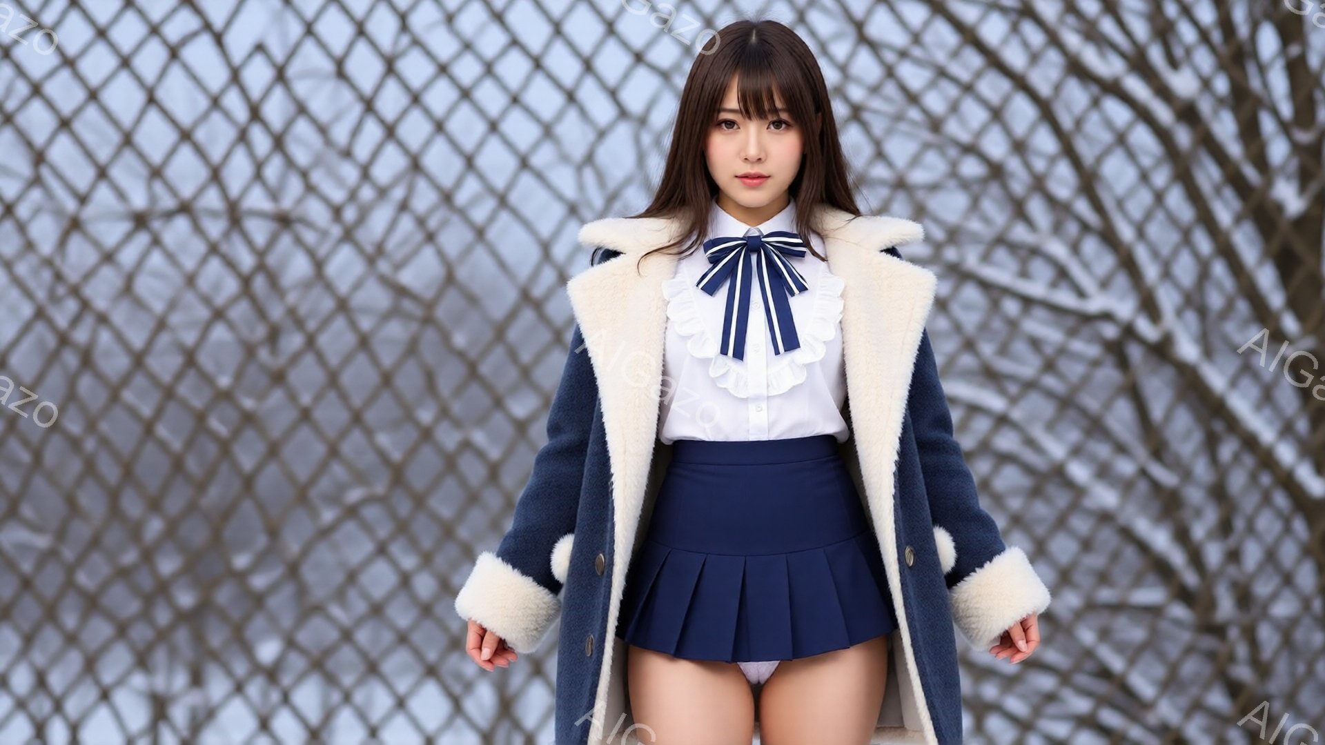 画像には、紺色のセーラー調のコートと白いブラウス、紺色のプリーツスカートを着た若い女性が写っています。彼女は長い茶色の髪を垂らし、顔は正面を向いていて、穏やかな表情をしています。背景は冬の木々で、雪が降り積もっており、全体的に静かで落ち着いた雰囲気が漂っています。