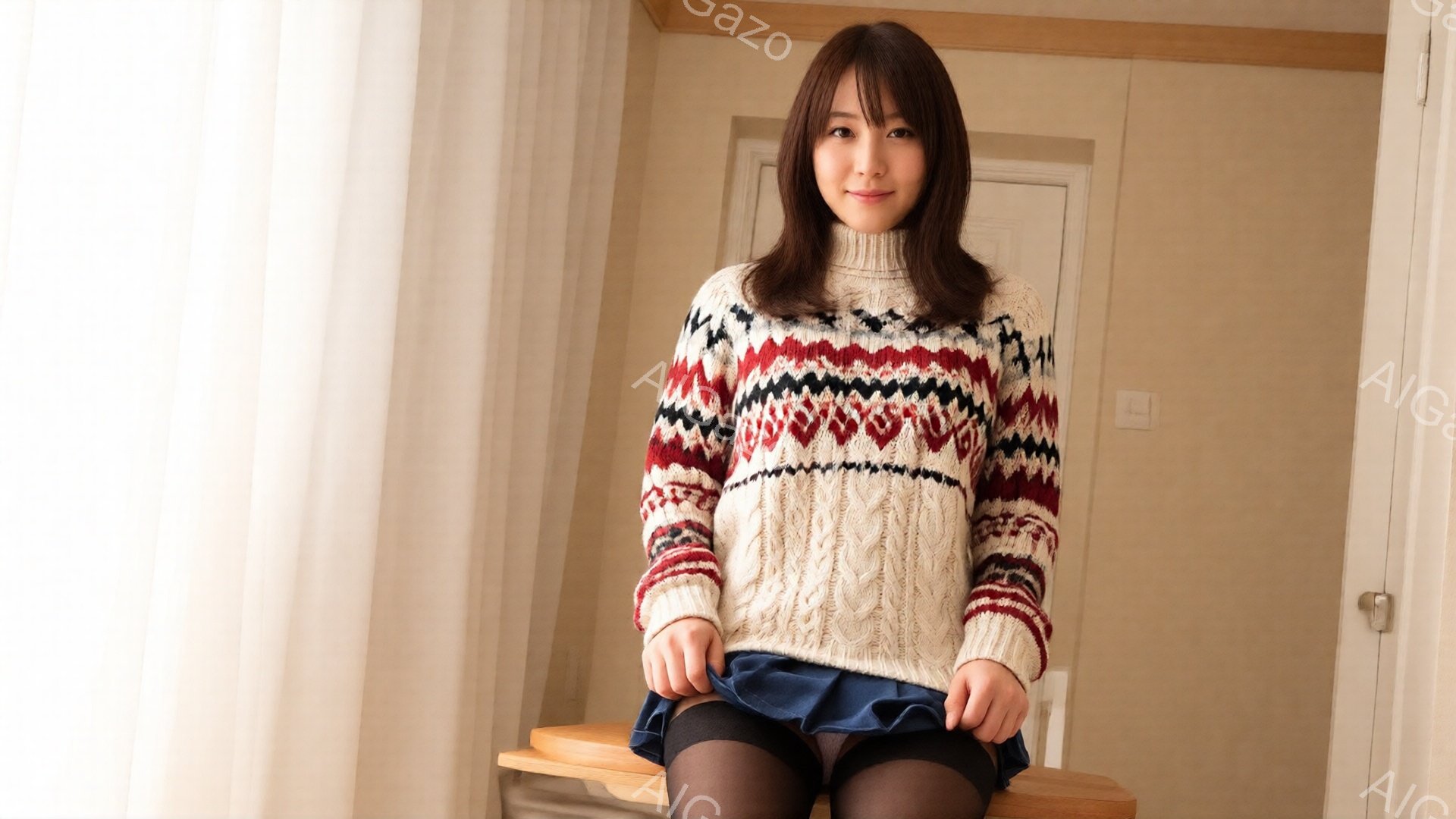 長い茶色の髪を持つ若い女性が、クリーム色と赤と紺色のケーブルニットセーターと青いプリーツスカートを身に着けて座っています。彼女は少し微笑んでいて、顔色は明るく、姿勢はリラックスしています。背景には、白 - AI生成フリー素材