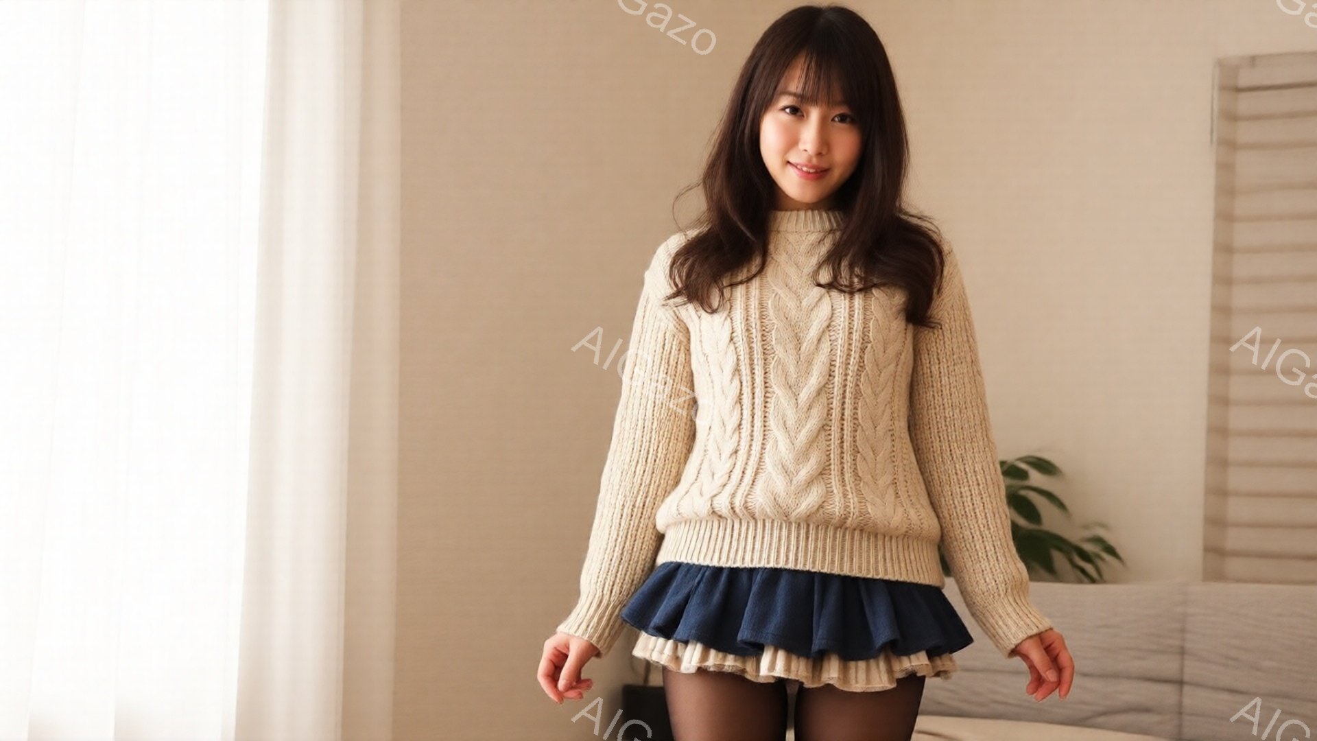 長い茶色の髪の女性が、オフホワイトのケーブルニットセーターとネイビーブルーと白のフリルスカートを身につけて立っています。彼女は少し微笑んでおり、リラックスした姿勢で両手を軽く腰に置いています。背景は明 - AI生成フリー素材