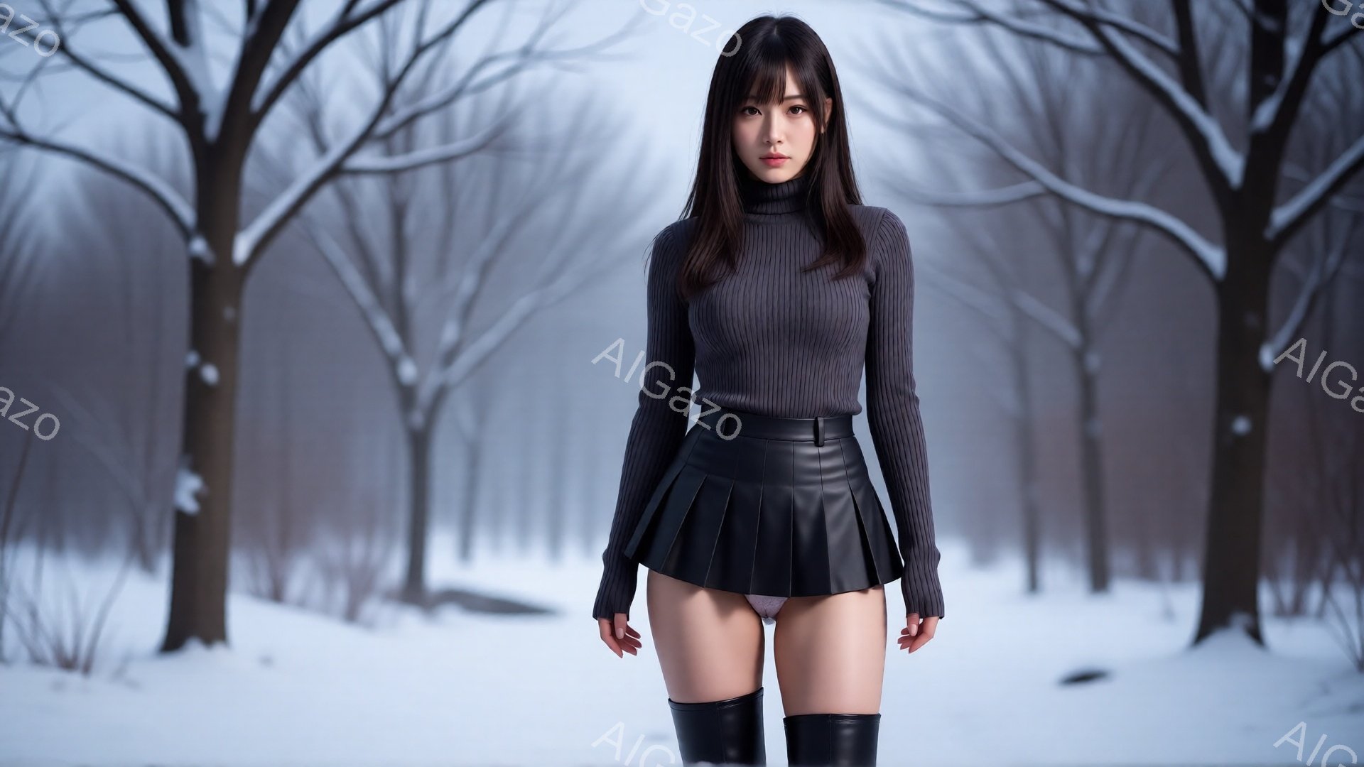 長い黒髪の女性が、グレーのタートルネックセーターと黒のプリーツミニスカート、黒のニーハイブーツを着用し、雪景色の中で立っている。彼女はカメラを見つめ、わずかに微笑んでいるように見える。背景は裸木の立ち並ぶ森で、雪が降っており、全体的に冬の静かで冷たい雰囲気が漂っている。