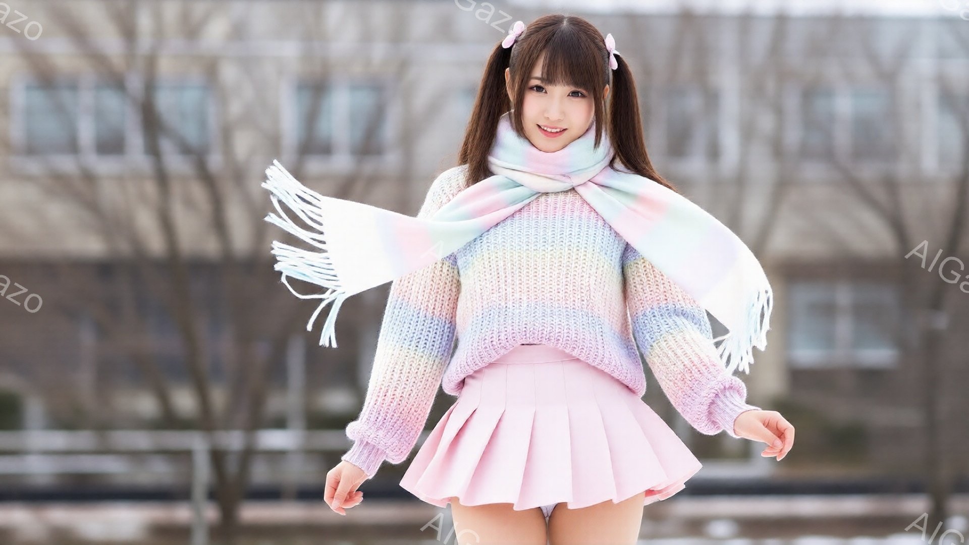 明るいピンク色のセーターとプリーツスカートを身に着けた女性が写っています。彼女は髪をツインテールにし、顔の横にリボンをつけています。背景には、灰色の建物と、冬の寒さを感じさせる裸の木々が見えます。 - AI生成フリー素材