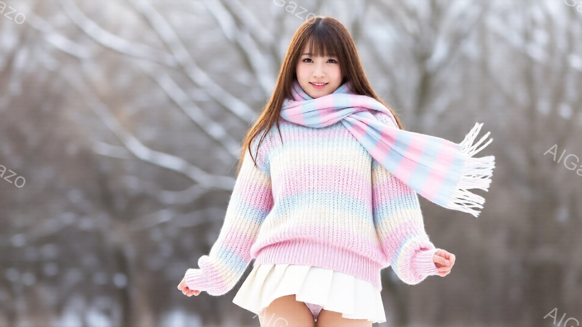 長い茶色の髪にふんわりとした前髪が特徴の女性が、ピンクと水色のグラデーションセーターと白いフレアスカートを身に着けて立っています。彼女は顔に微笑みを浮かべ、首に巻かれたピンクと白のストライプのスカーフが風になびいています。背景には木々が並び、冬の穏やかな雰囲気を感じさせます。