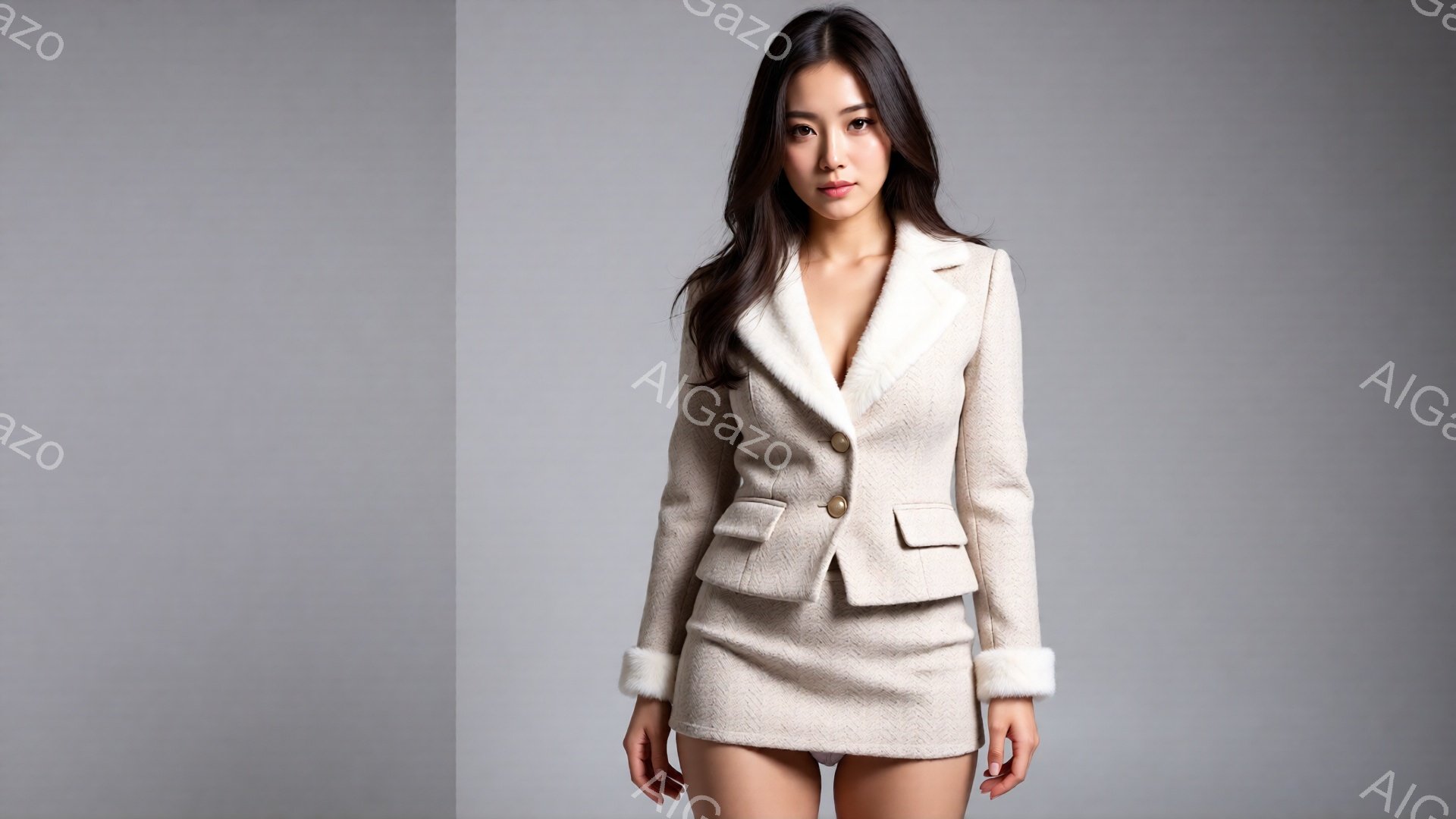 長い黒髪の女性が、オフホワイトのツイードのジャケットとミニスカートのセットアップを着ています。彼女はわずかに微笑んでおり、自信に満ちた表情をしています。背景はグレーで、焦点は女性に当てられています。 - AI生成フリー素材