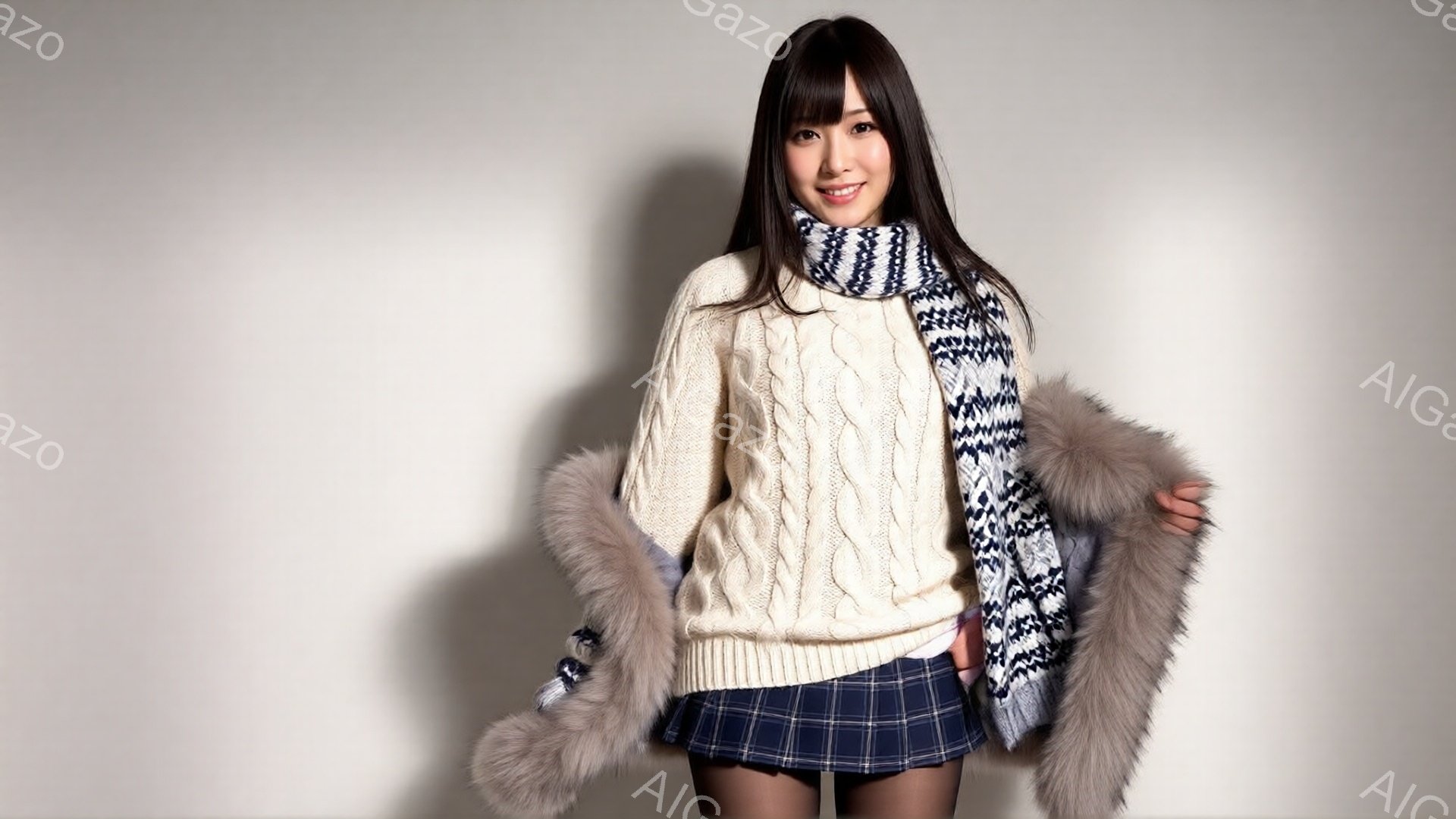 長い黒髪で、顔は微笑みを浮かべている若い女性が写っている。オフホワイトのケーブルニットセーター、紺色のチェック柄のプリーツスカート、そして毛皮のような襟付きのジャケットを羽織り、紺色の模様の入ったスカーフを巻いている。背景は白く、女性が明るく暖かく、冬らしい雰囲気を醸し出している。