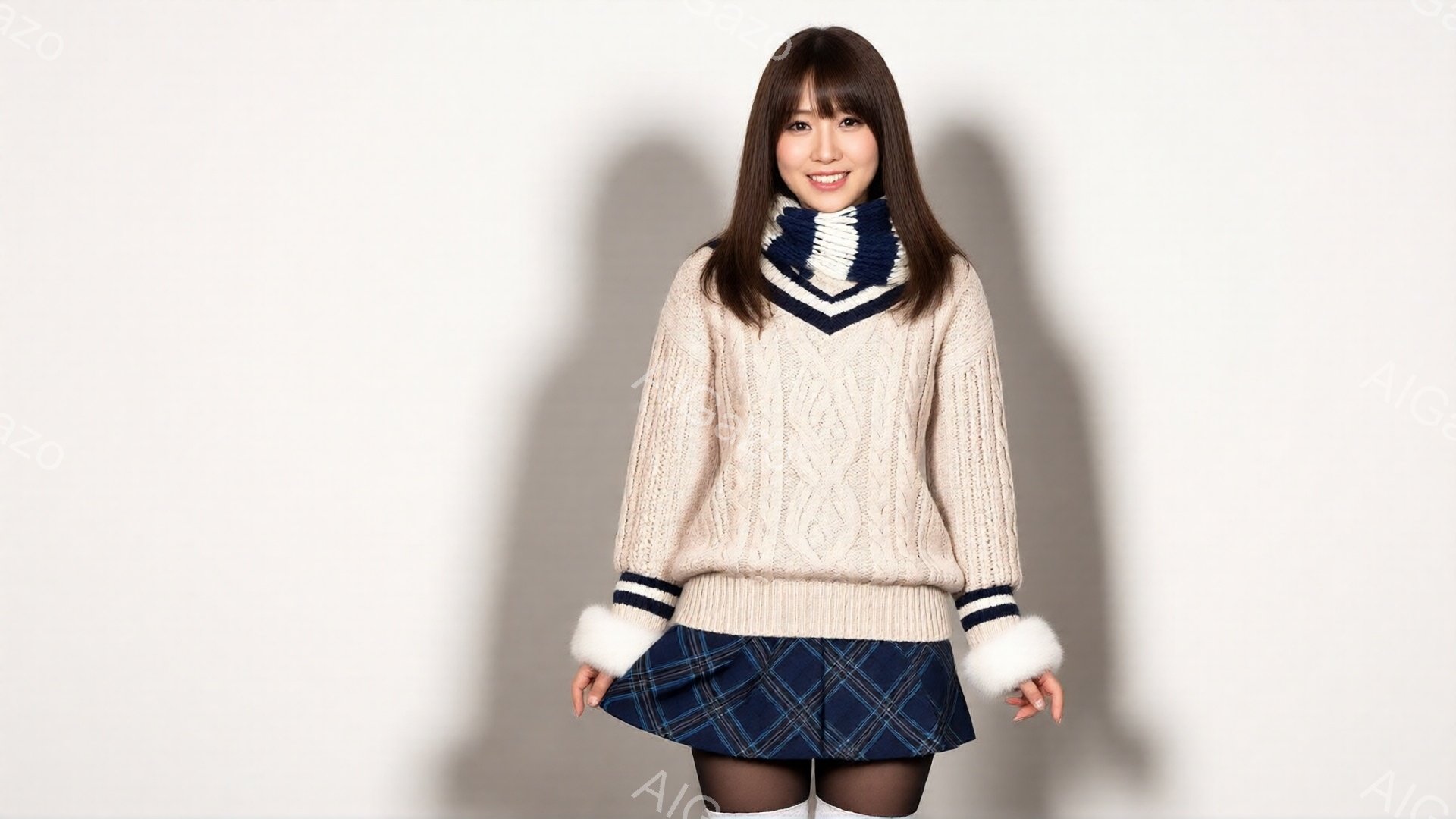 この女性は、オフホワイトのケーブルニットセーターと、紺色のチェック柄のプリーツスカートを着用しています。セーターには紺色のラインと、袖口にふわふわの白い飾りがあり、首元にも紺と白のストライプのネックウォーマーをつけています。彼女は微笑んでおり、少しスカートを持ち上げてポーズをとっています。