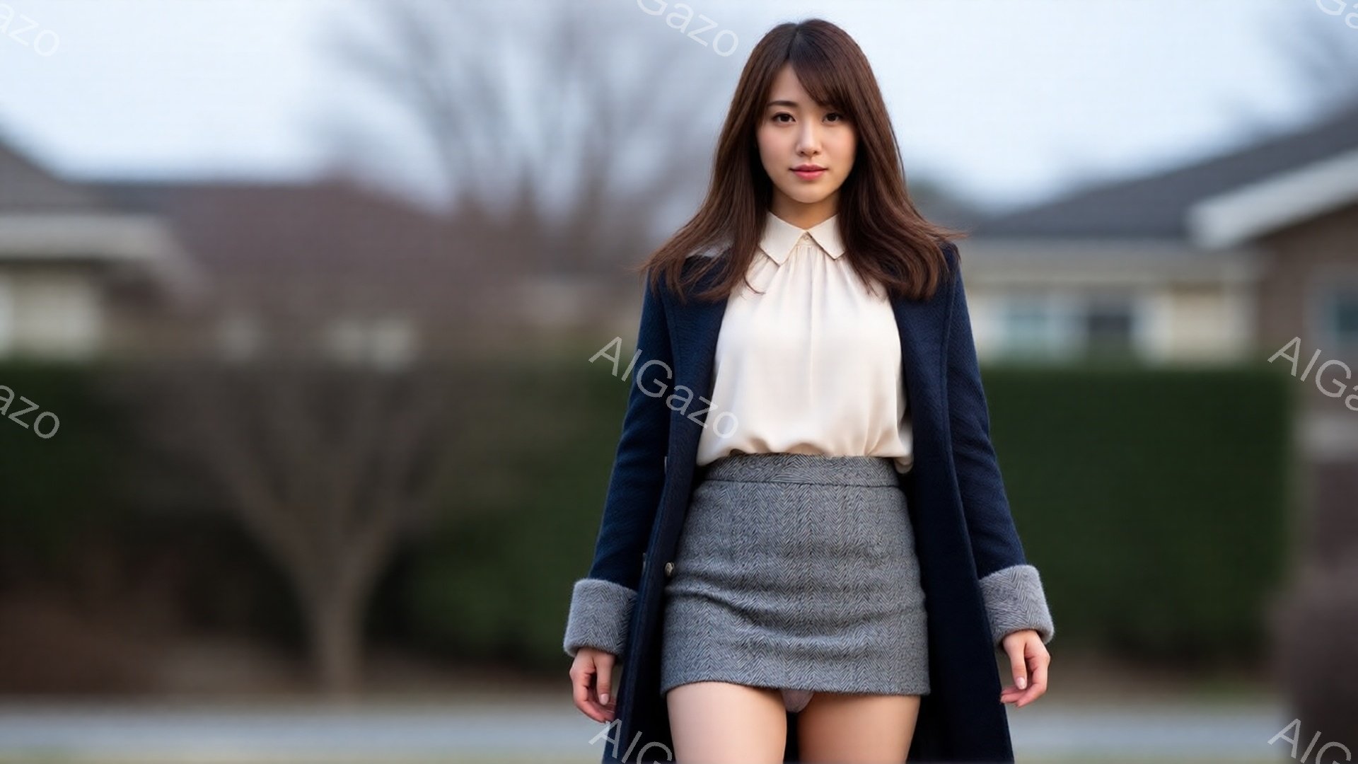 長い茶色の髪を肩にかける女性が、紺色のコートと灰色の短いフレアスカート、オフホワイトのブラウスを着ています。彼女は正面をまっすぐ見ており、やや微笑んだ表情で、落ち着いた姿勢で立っています。背景には緑の生垣と、ぼやけた住宅が見え、天候は曇り空で少し肌寒い印象を与えます。