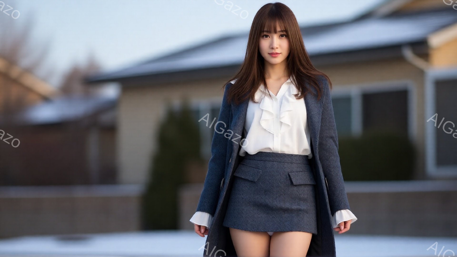 長い茶色の髪を持つ女性が、グレーのツイードのスカートと白いブラウス、そして濃い青のコートを着ています。彼女は正面をまっすぐ見つめ、少し微笑んでおり、自信に満ちた表情をしています。背景には、雪で覆われた芝生とベージュ色の家が見え、冬の静かで落ち着いた雰囲気を醸し出しています。