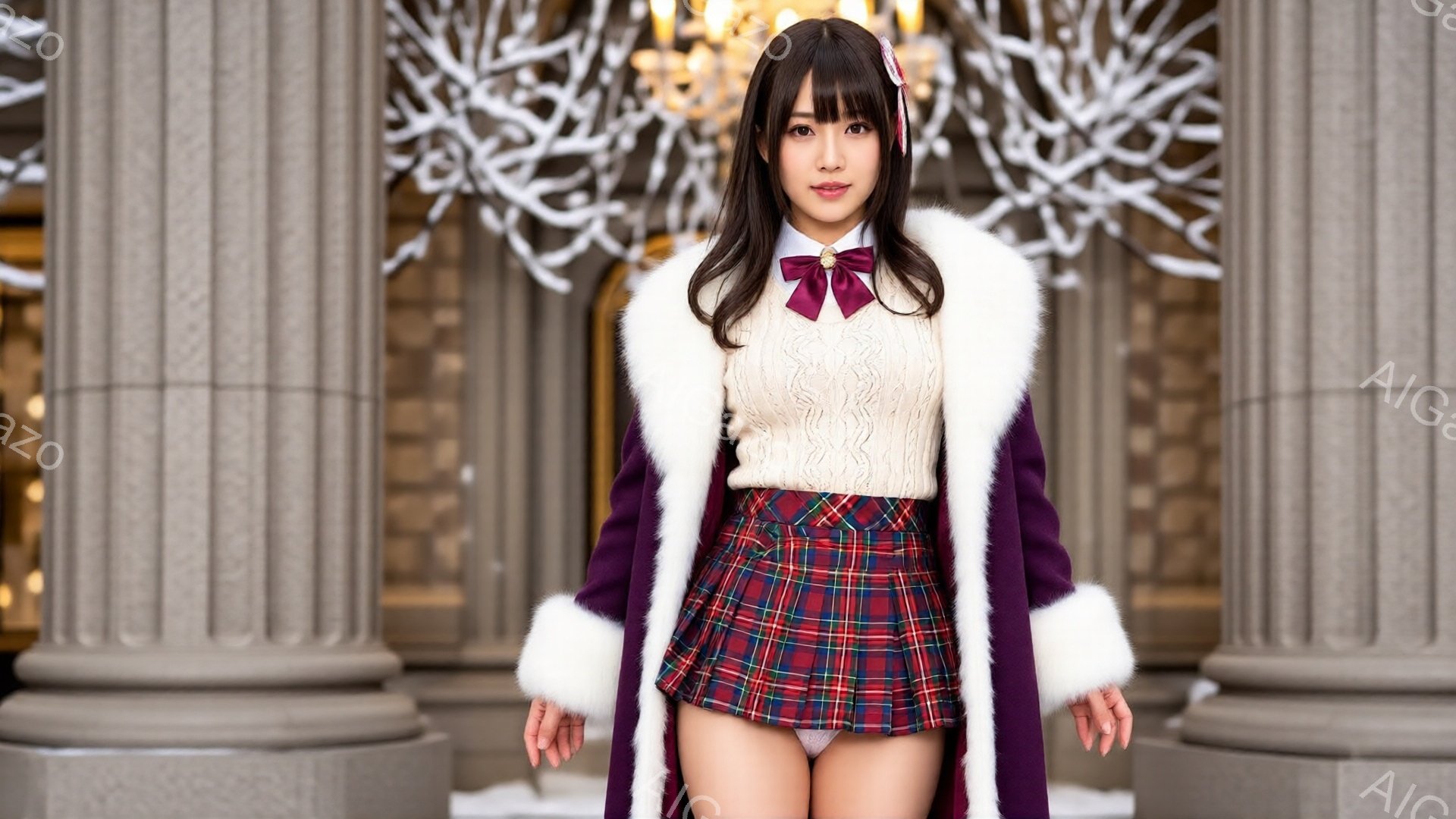 明るい茶色の髪に前髪を合わせた女性が、白いセーターと赤と緑のチェック柄のプリーツスカート、そしてふわふわの白い襟と裏地のある紫色のコートを着ています。彼女は正面を向き、わずかに微笑んでおり、首には赤いリボンが付いています。背景には、白く光る装飾が施された柱が並び、豪華な雰囲気の中で撮影されています。