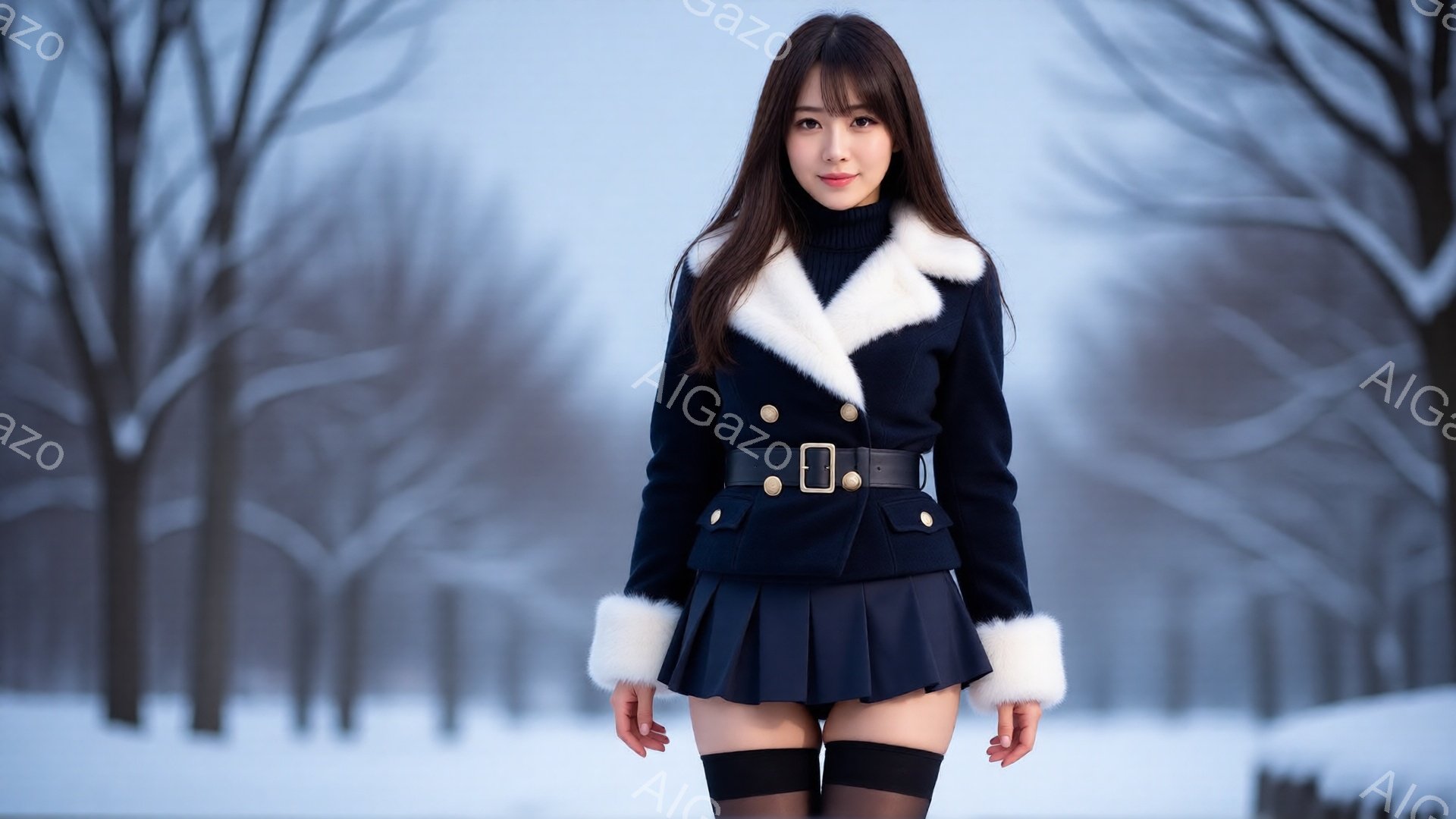 長い茶色の髪をした若い女性が雪景色の中で立っています。紺色のファー付きジャケットとプリーツスカート、黒いタイツを着用し、ベルトでウエストを締めています。背景には雪に覆われた木々が立ち並び、冬の静寂な雰囲気が漂っています。