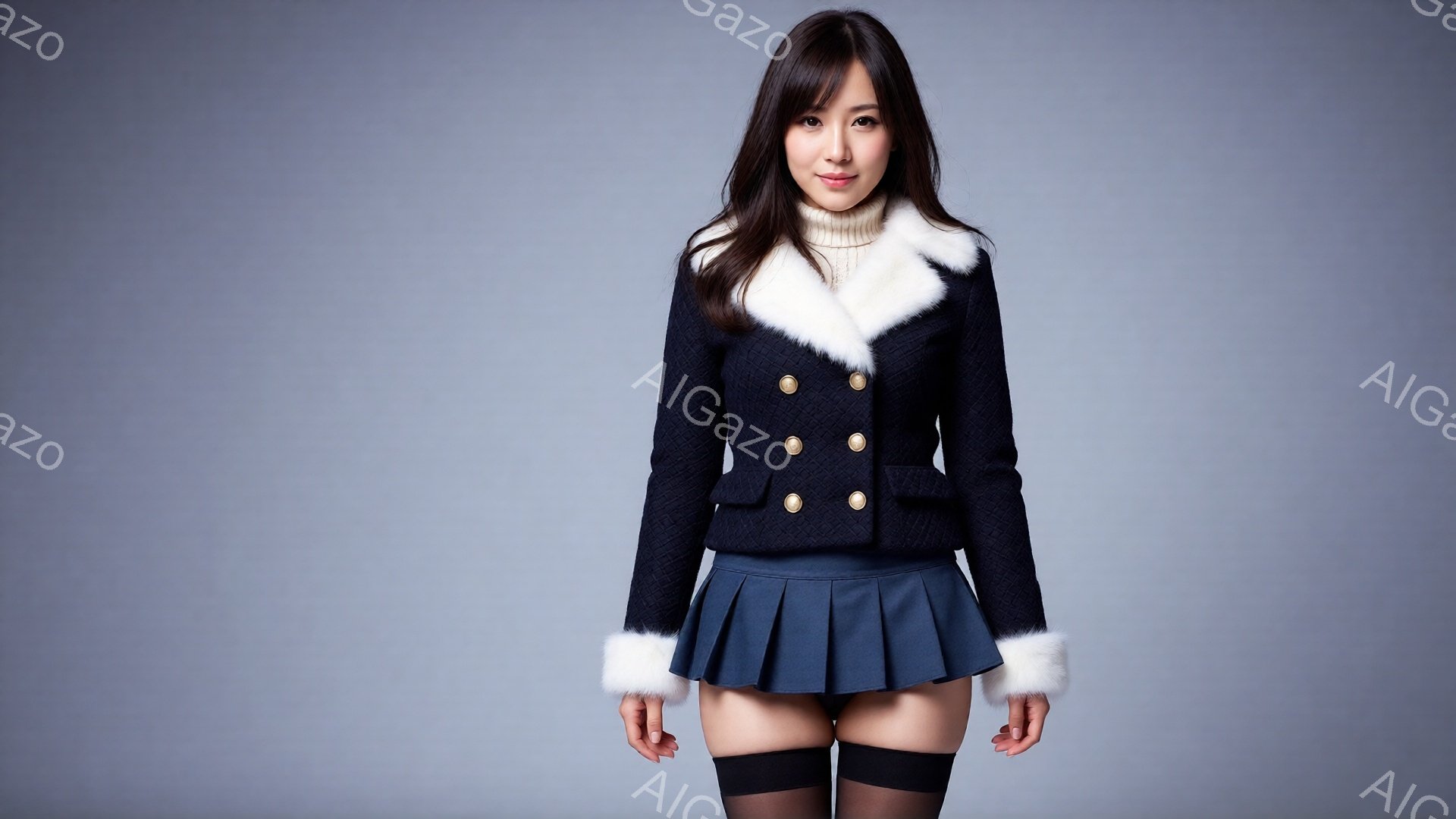 長い黒髪をセンターパートにした女性が、紺色の水兵服風ジャケットとプリーツスカートを着用しています。白い襟と袖口が特徴的で、黒いタイツと靴を履いています。背景は単調なグレーで、女性は正面を向き、わずかに微笑んでいます。