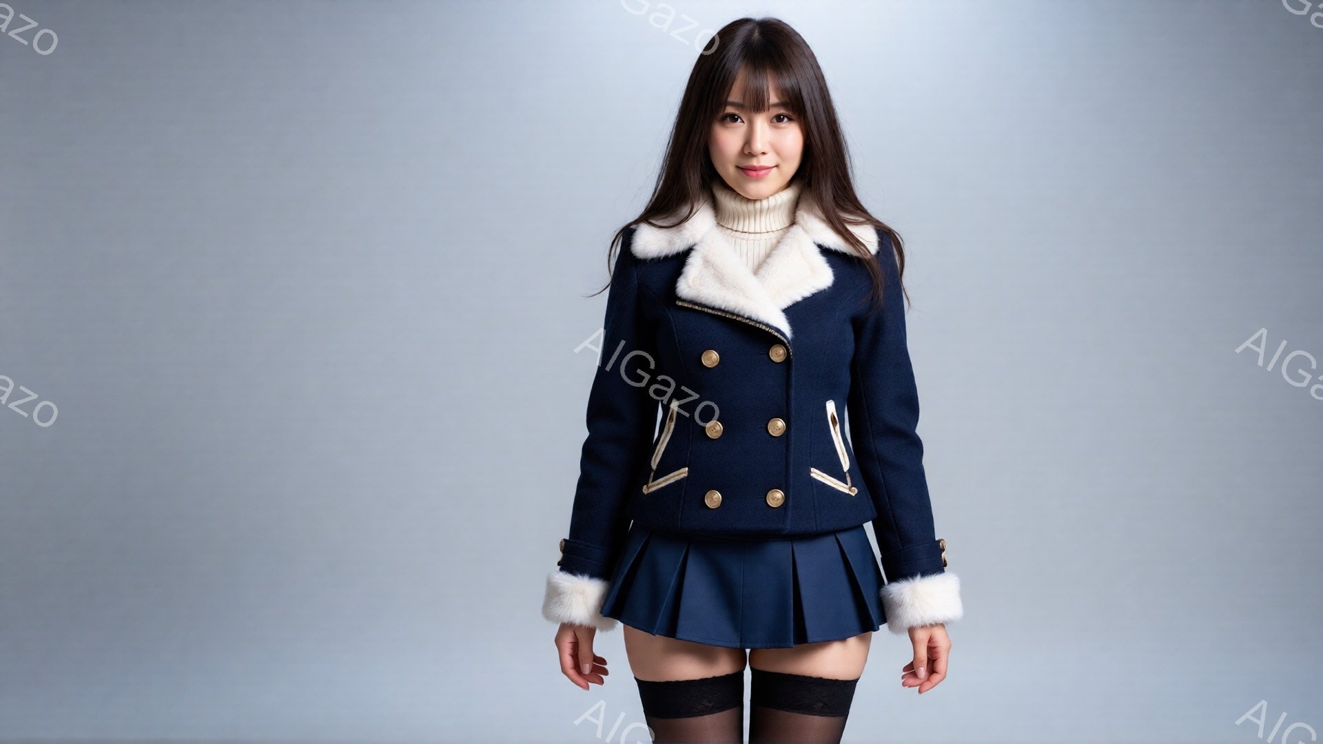 深い青色の制服風のコートとミニスカートを身に着けた女性が写っています。彼女は長い黒髪で、顔にはわずかな微笑みが浮かんでいます。背景は淡いグレーで、女性が中央に立って正面を見つめています。 - AI生成フリー素材