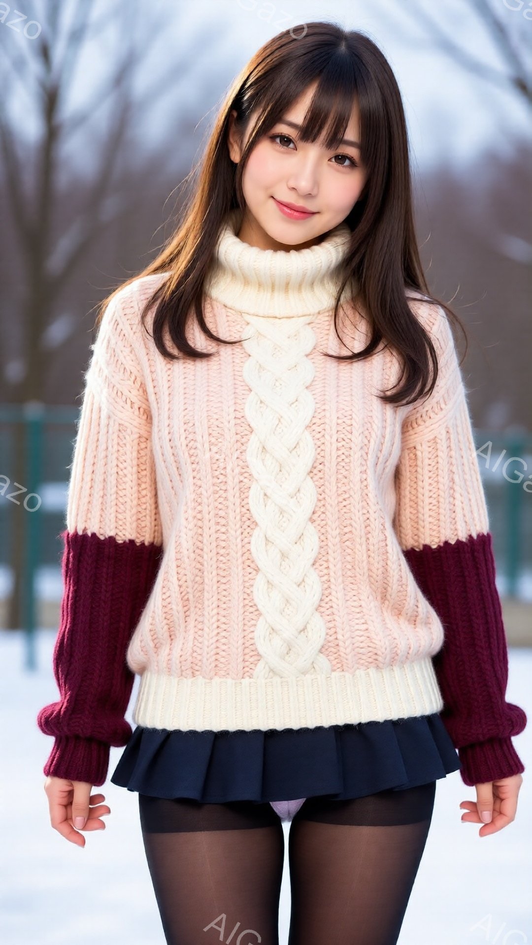 長い茶色の髪をした若い女性が、ピンクとワインレッドのケーブルニットセーター、黒のティアードスカート、タイツを身に着けて立っています。彼女はわずかに微笑んでいて、リラックスした姿勢でカメラを見つめていま - AI生成フリー素材