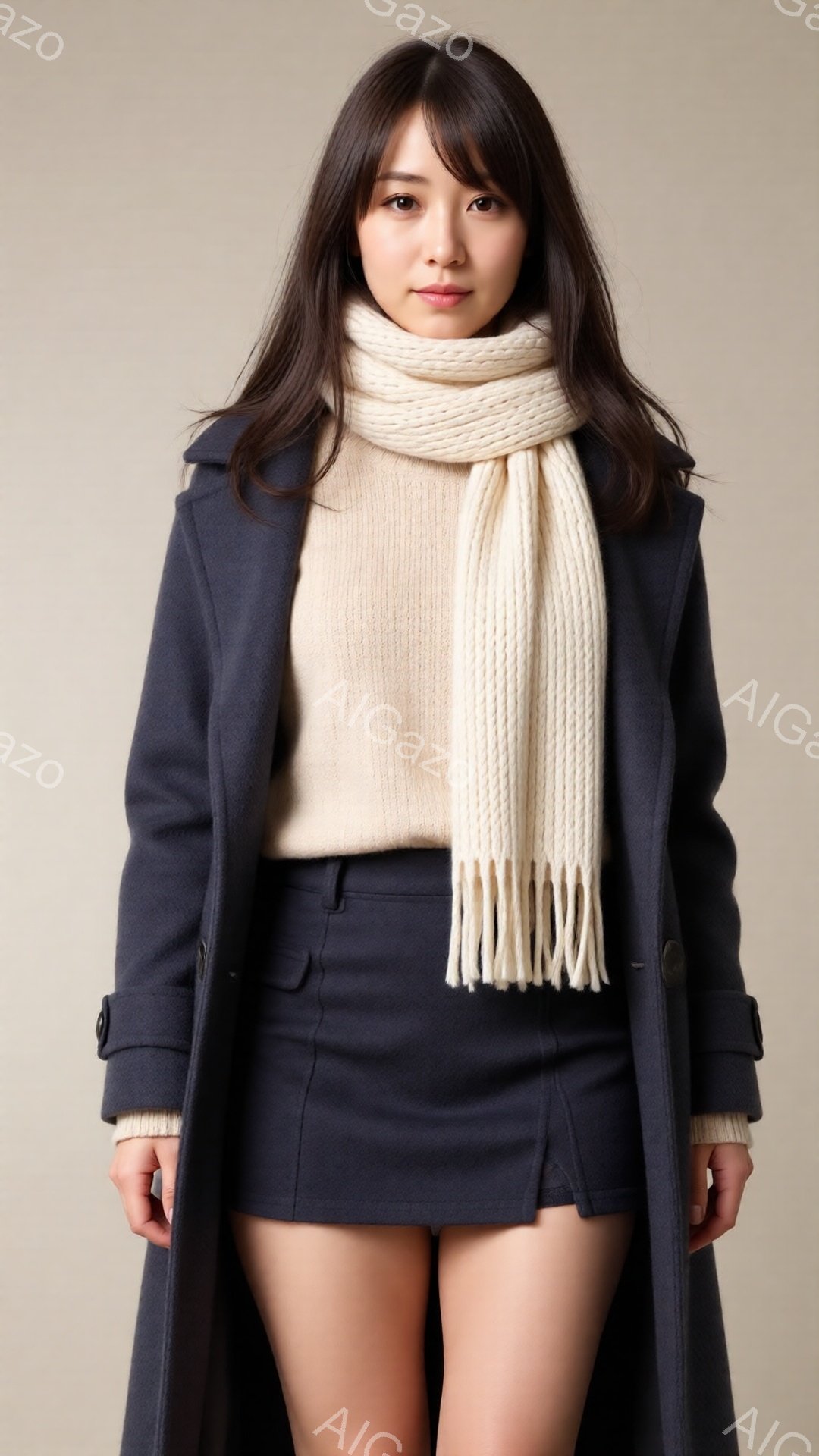 長い黒髪の女性が、ネイビーのロングコート、ベージュのニット、ネイビーのスカートを着用しています。彼女は首にクリーム色のマフラーを巻き、少し微笑んでいます。背景は薄いベージュ色で、人物に焦点が当てられて - AI生成フリー素材
