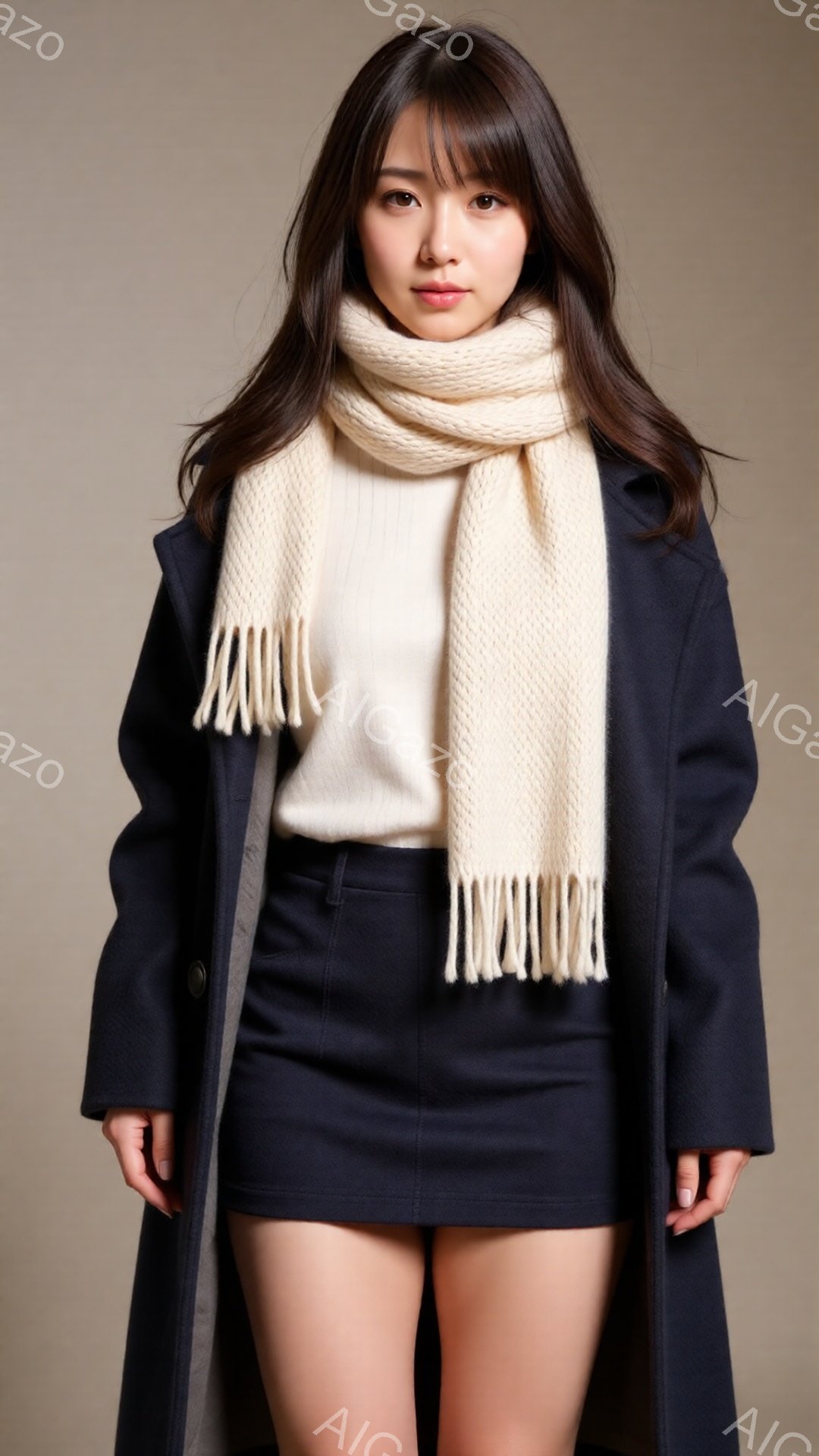 長いダークブラウンの髪を肩にかけた女性が写っています。彼女はオフホワイトのニットセーターと黒のミニスカート、そして濃い紺色のコートを着ています。首には、フリンジ付きのオフホワイトのニットマフラーが巻か - AI生成フリー素材