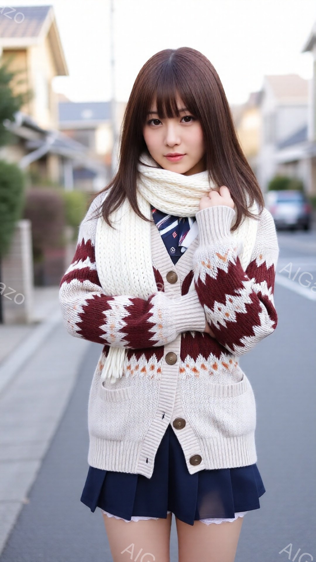 茶髪の女性が、オフホワイトのノルディック柄カーディガン、紺色のプリーツスカート、白い襟付きシャツ、そして赤いネクタイを身につけて立っています。彼女は片手を胸の前で組み、微笑んでいます。背景には住宅街が - AI生成フリー素材