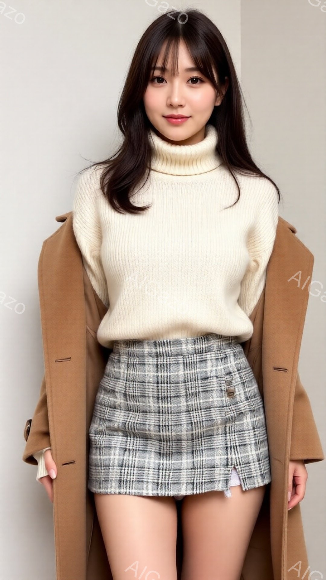 長い黒髪の女性が、ベージュのオーバーサイズのコート、オフホワイトのタートルネックセーター、そしてグレーのチェック柄のミニスカートを着用しています。彼女はわずかに微笑んでおり、リラックスした姿勢で立って - AI生成フリー素材