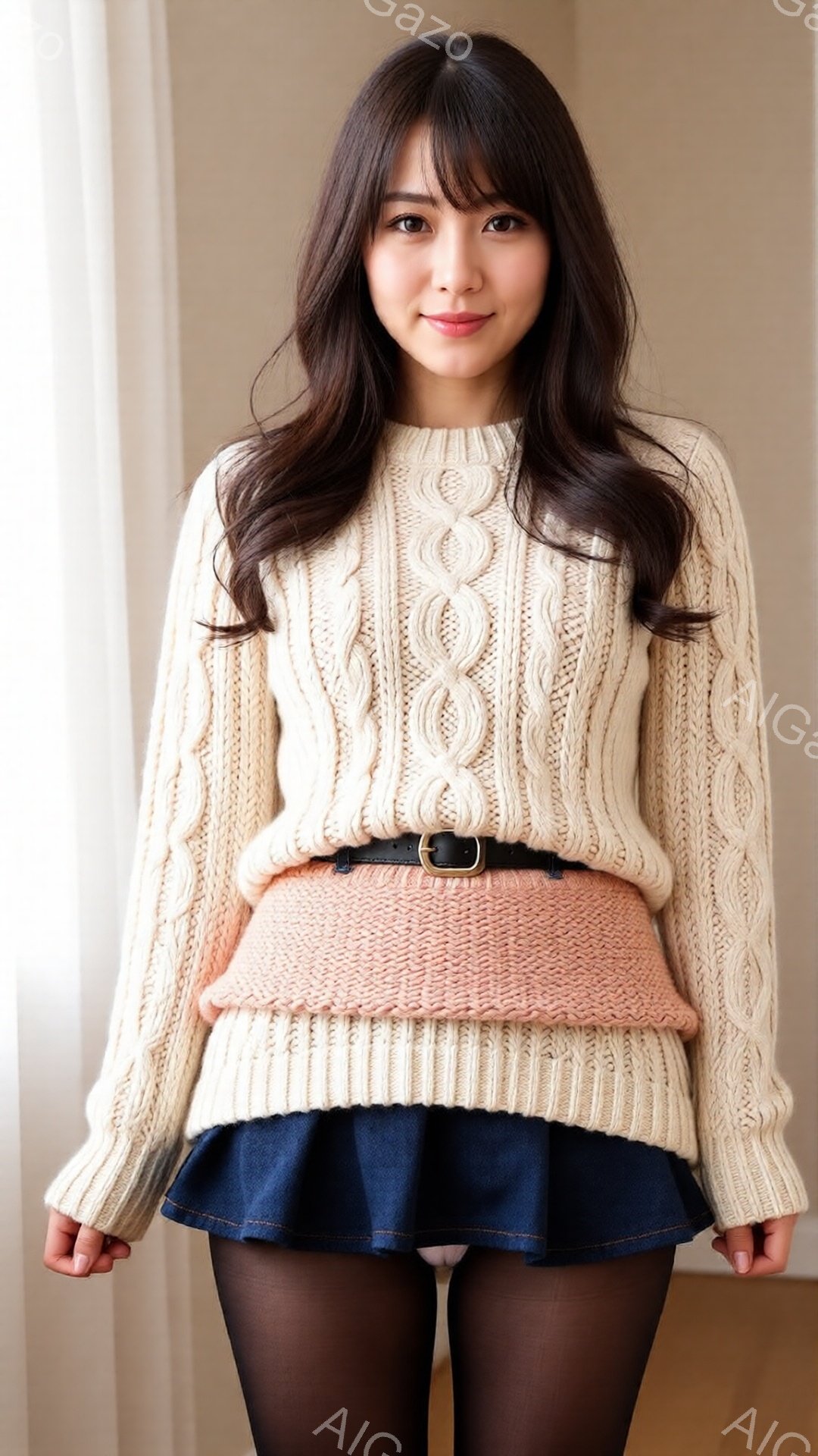 長いダークブラウンの髪を持つ若い女性が写っています。オフホワイトのケーブルニットセーター、ピンク色のニットカバー、濃い青色のフレアスカート、黒いタイツ、黒いベルトを着用しています。彼女は少し微笑んでおり、リラックスした姿勢でカメラを見ています。