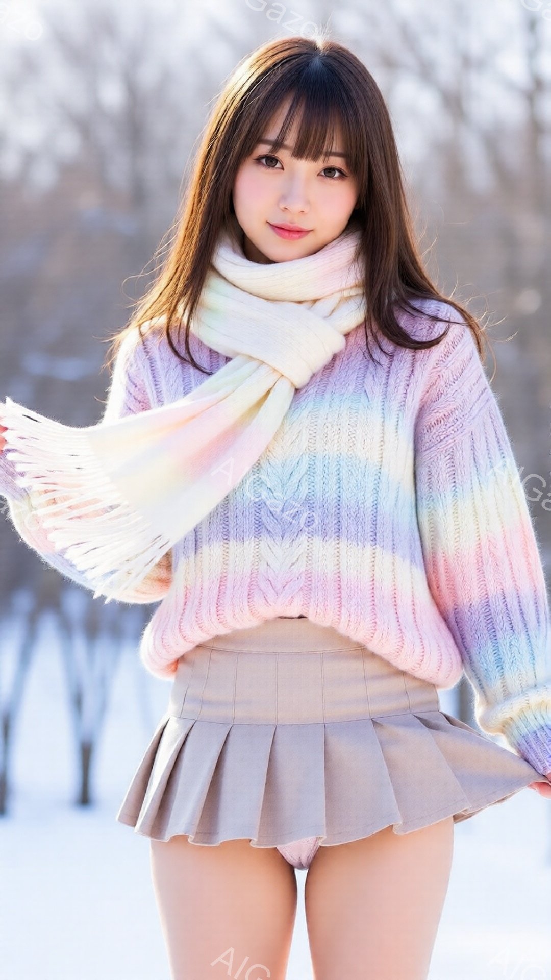 長い茶色の髪を肩から下で無造作に垂らし、前髪は軽く眉を隠すように流している女性が写っている。彼女は、虹色のセーターとベージュのプリーツスカートを身につけ、首には淡いピンク色のマフラーを巻いている。背景 - AI生成フリー素材