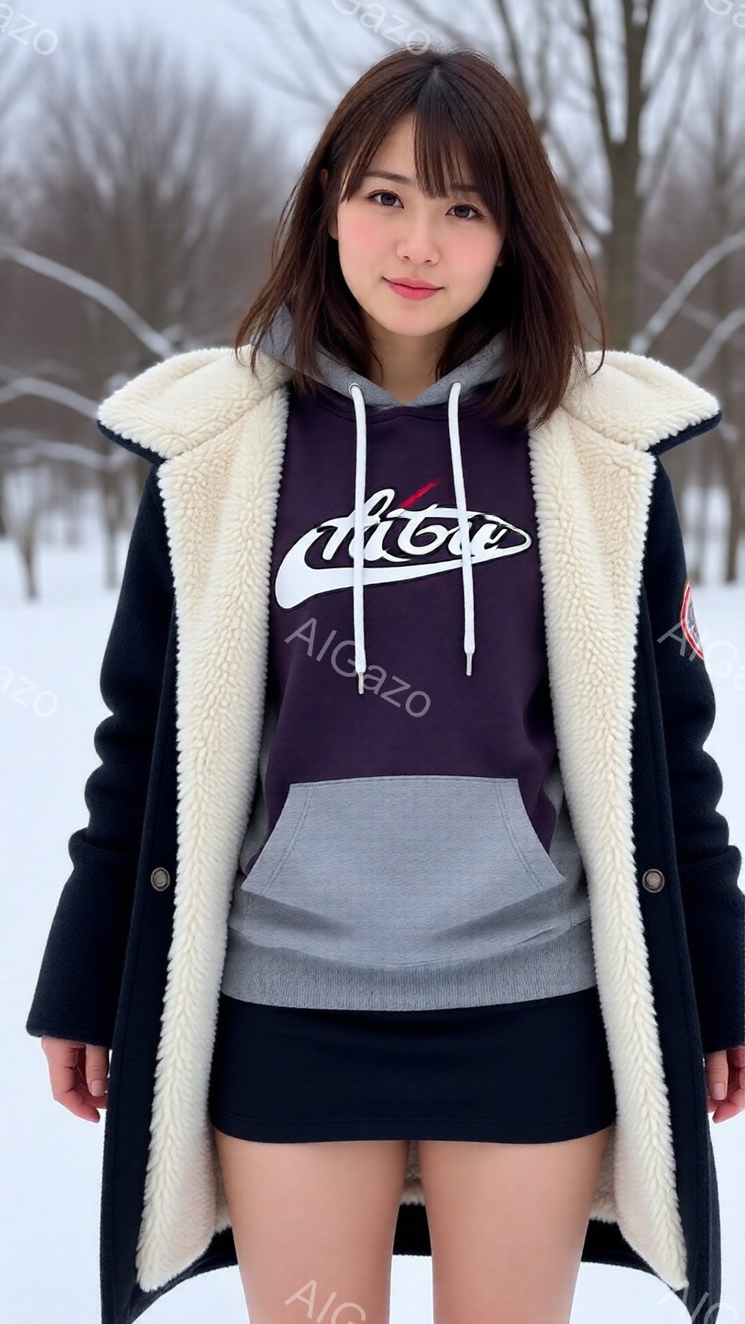 画像には、紫色のパーカーに黒いミニスカートを着用した若い女性が写っています。彼女は肩にふわふわの白いコートを羽織り、少し微笑んでカメラを見ています。背景は雪景色で、ぼやけた木々が確認でき、冬の寒々とした雰囲気が漂っています。