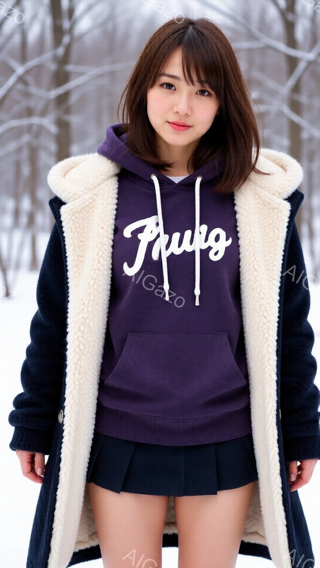 画像には、紫色のパーカーを着て、黒いプリーツスカートを履いた若い女性が写っています。彼女は肩まで届く茶色の髪をしており、微笑んでいます。背景は雪景色で、木々が並んでいる冬の森です。