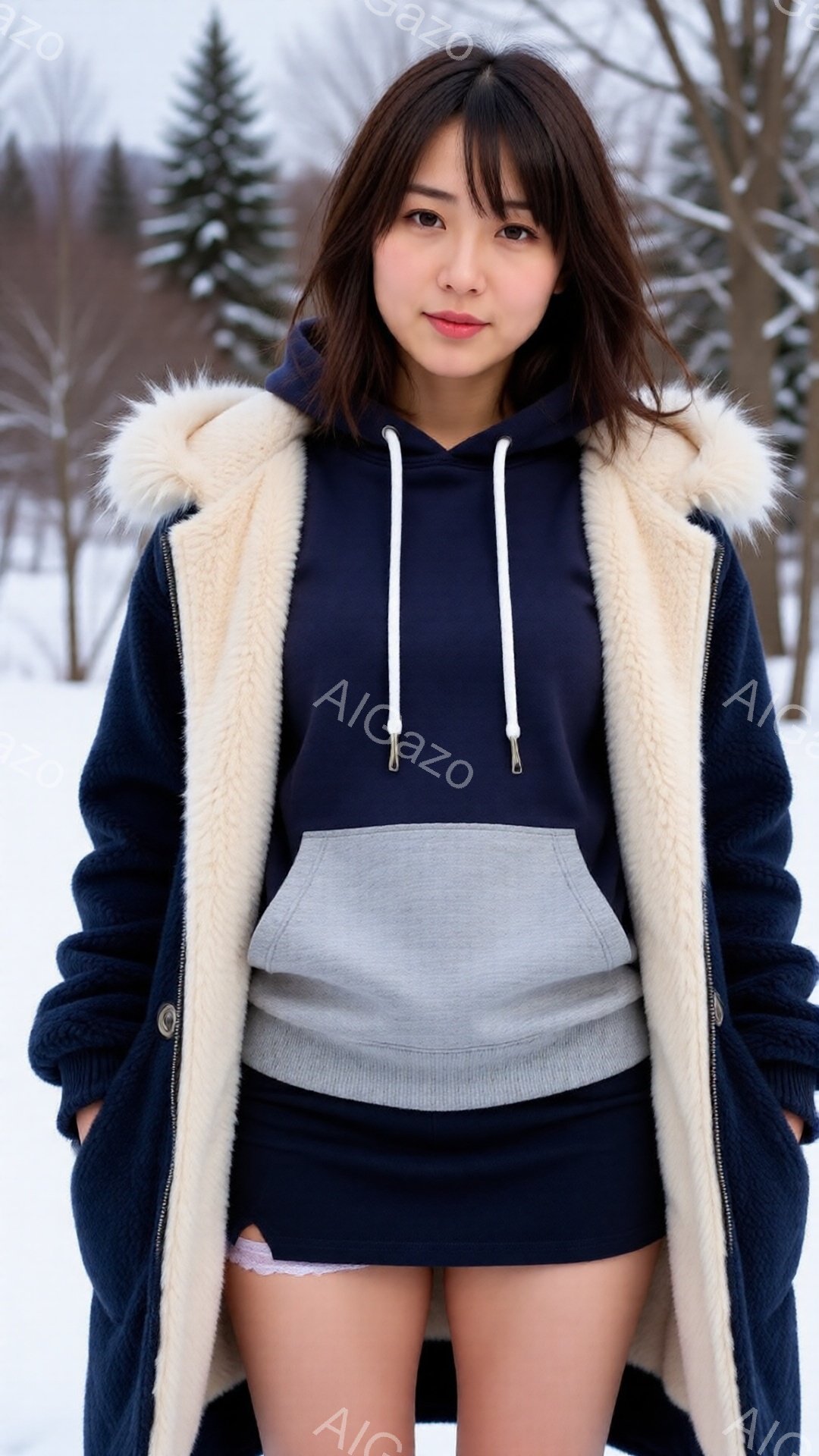 暗い髪の女性が、紺色のパーカーとスカート、そしてオフホワイトのボアロングコートを着ています。彼女は少し微笑んでおり、リラックスした姿勢で正面を向いています。背景には雪景色が広がり、遠くに針葉樹林が見えます。