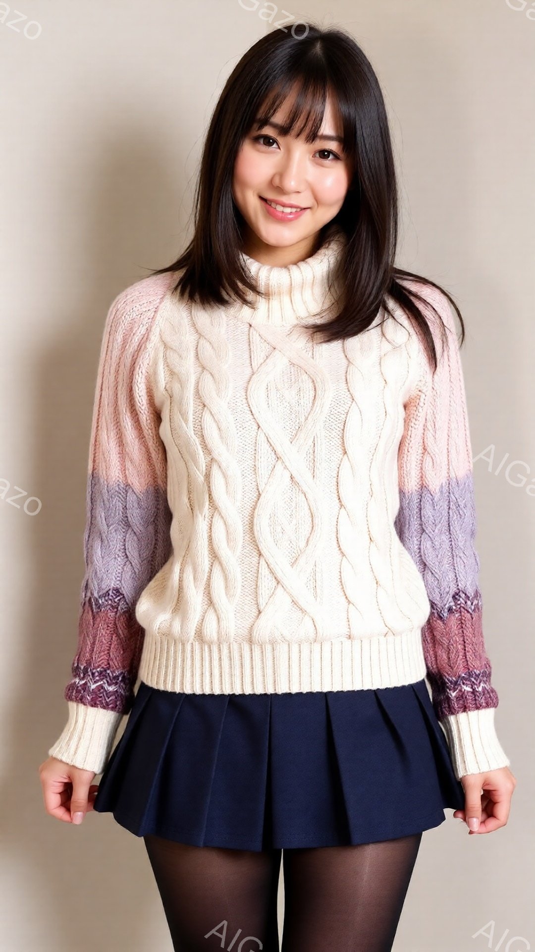 長い黒髪の女性が、オフホワイトのケーブルニットセーターと紺色のプリーツスカート、黒いタイツを身に着けて立っています。彼女は微笑んでおり、姿勢はまっすぐで、リラックスした雰囲気です。背景は薄いベージュ色 - AI生成フリー素材