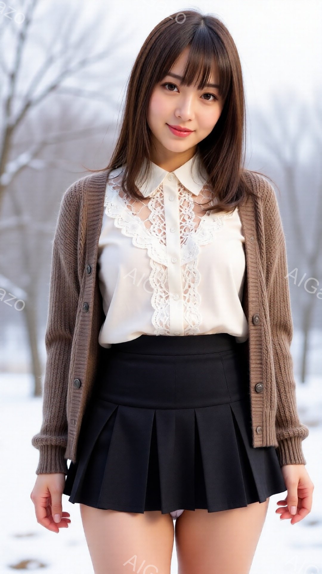 画像には、茶色のカーディガン、白いレースのブラウス、黒のプリーツスカートを身につけた若い女性が写っています。彼女はわずかに微笑み、カメラを見つめており、姿勢は自然でリラックスしています。背景は雪景色で - AI生成フリー素材