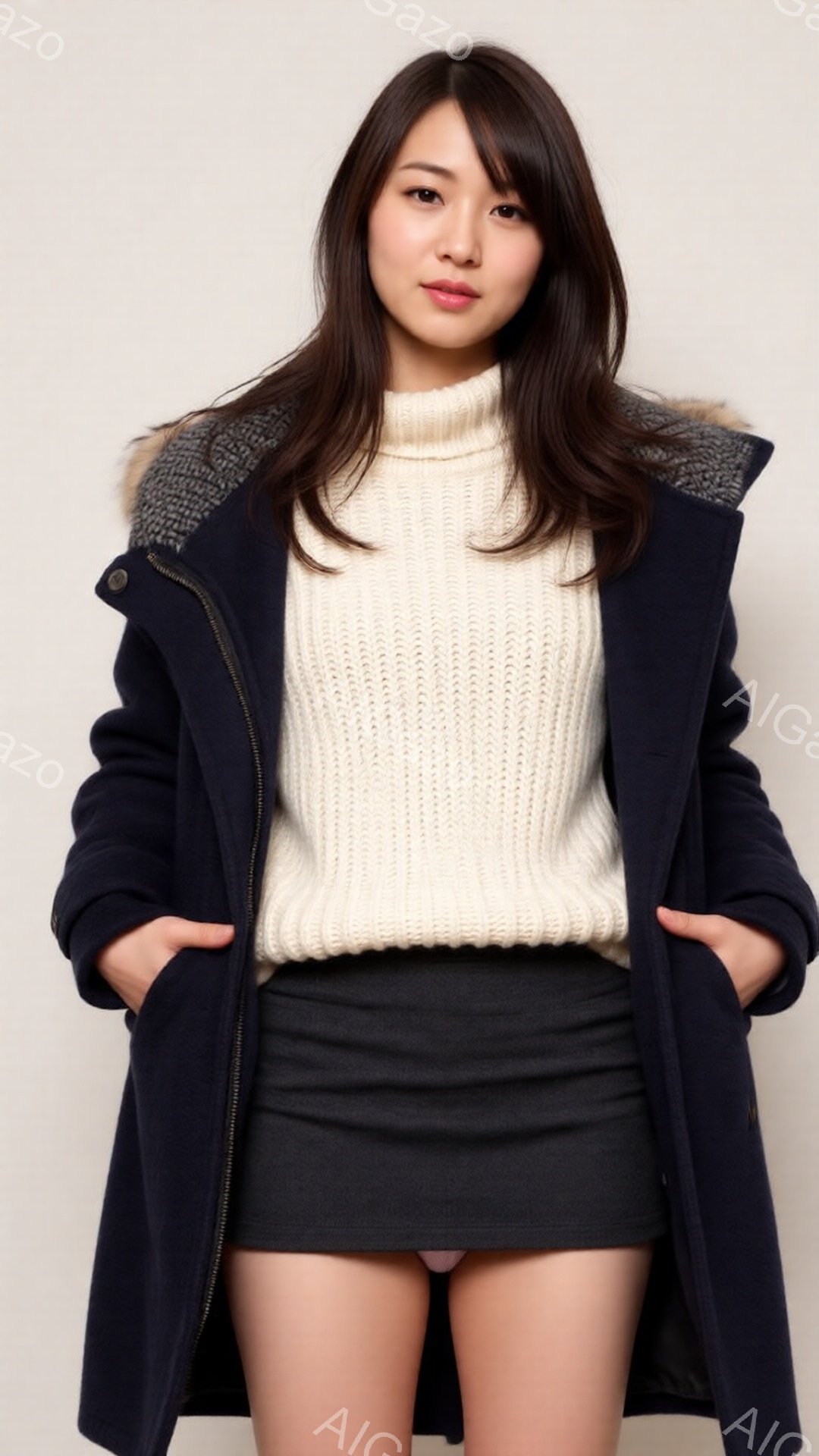 長い黒髪の女性が、クリーム色のセーターと黒のミニスカート、そしてネイビーブルーのコートを着ています。彼女は両手をポケットに入れ、少し微笑んでいます。背景は白く、シンプルで、女性が際立っています。 - AI生成フリー素材