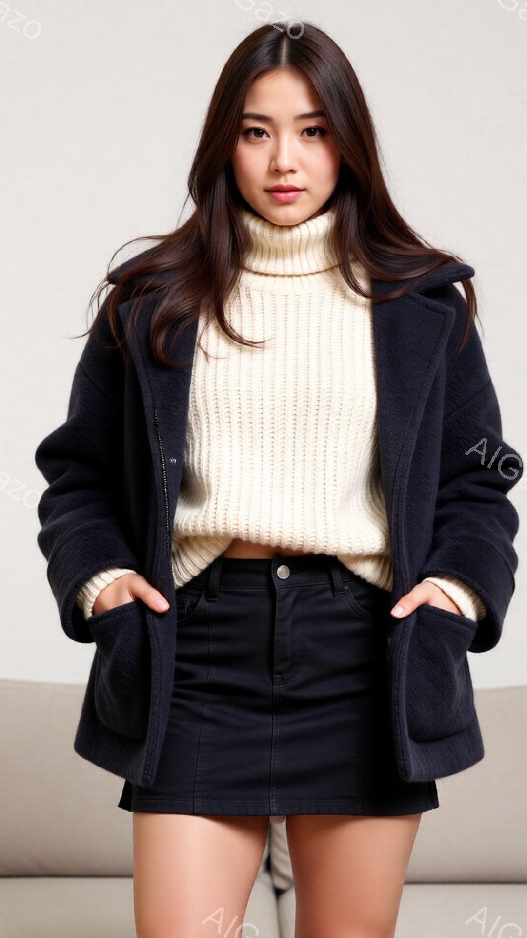 モデルは、オフホワイトのケーブルニットセーターと黒のミニスカートを着用し、濃紺のショート丈ウールコートを羽織っています。彼女は長いダークブラウンの髪を後ろに流し、やや微笑んだ表情で、両手はコートのポケットに入れています。背景は淡いベージュで、シンプルな屋内スタジオ撮影のようです。