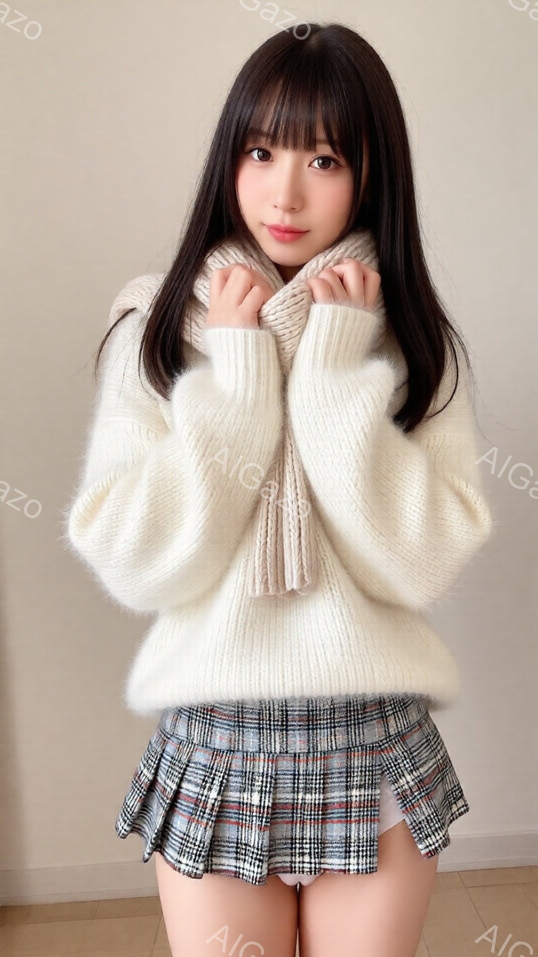 長い黒髪の女性が、白いふわふわのセーターとチェック柄のプリーツスカートを身につけています。彼女は両手でセーターの襟を抱え、少し内気な笑顔を浮かべています。背景は薄いベージュ色の壁で、全体的に柔らかく、 - AI生成フリー素材