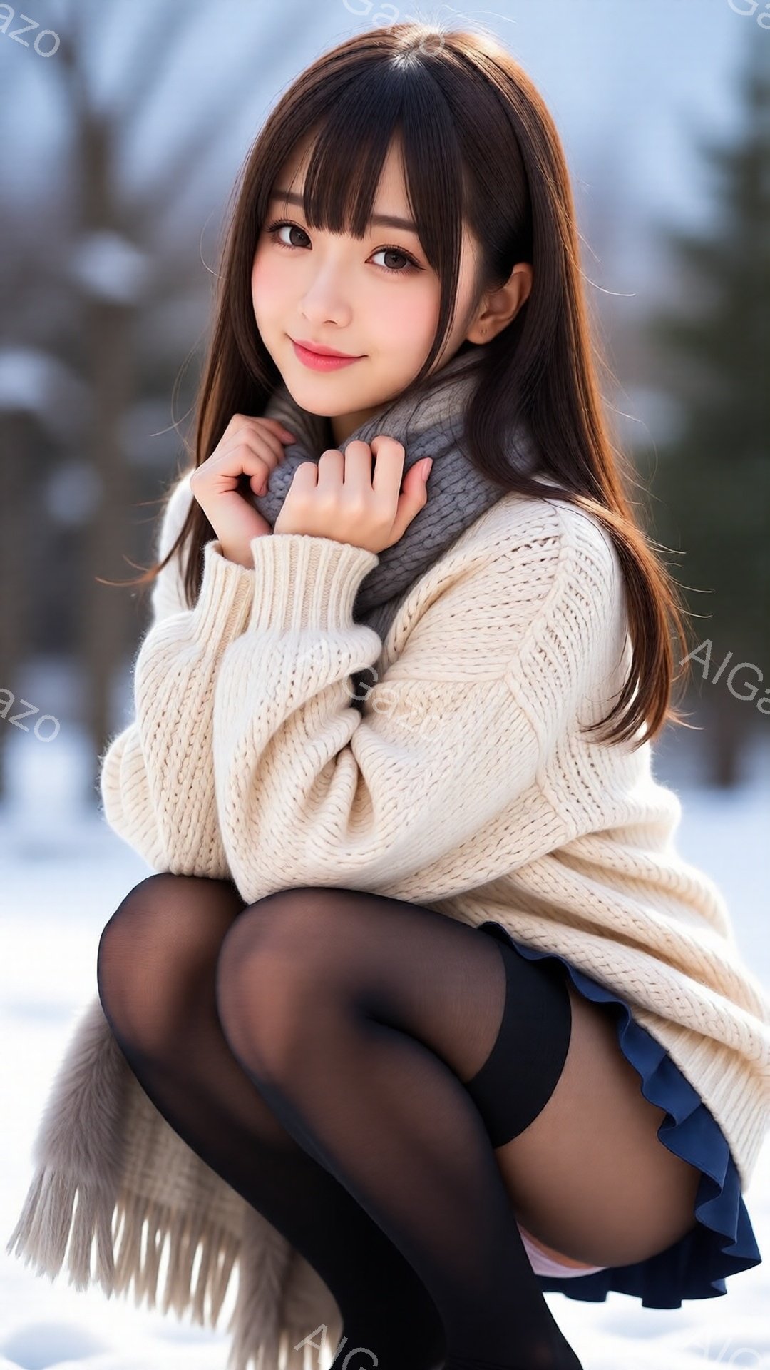 長い茶色の髪を下ろした若い女性が、白いふわふわのセーターを着て、青いプリーツスカートと黒いタイツを履いています。彼女は雪の上にしゃがみこみ、両手でセーターの襟を抱きかかえ、微笑んでいます。背景は雪景色 - AI生成フリー素材