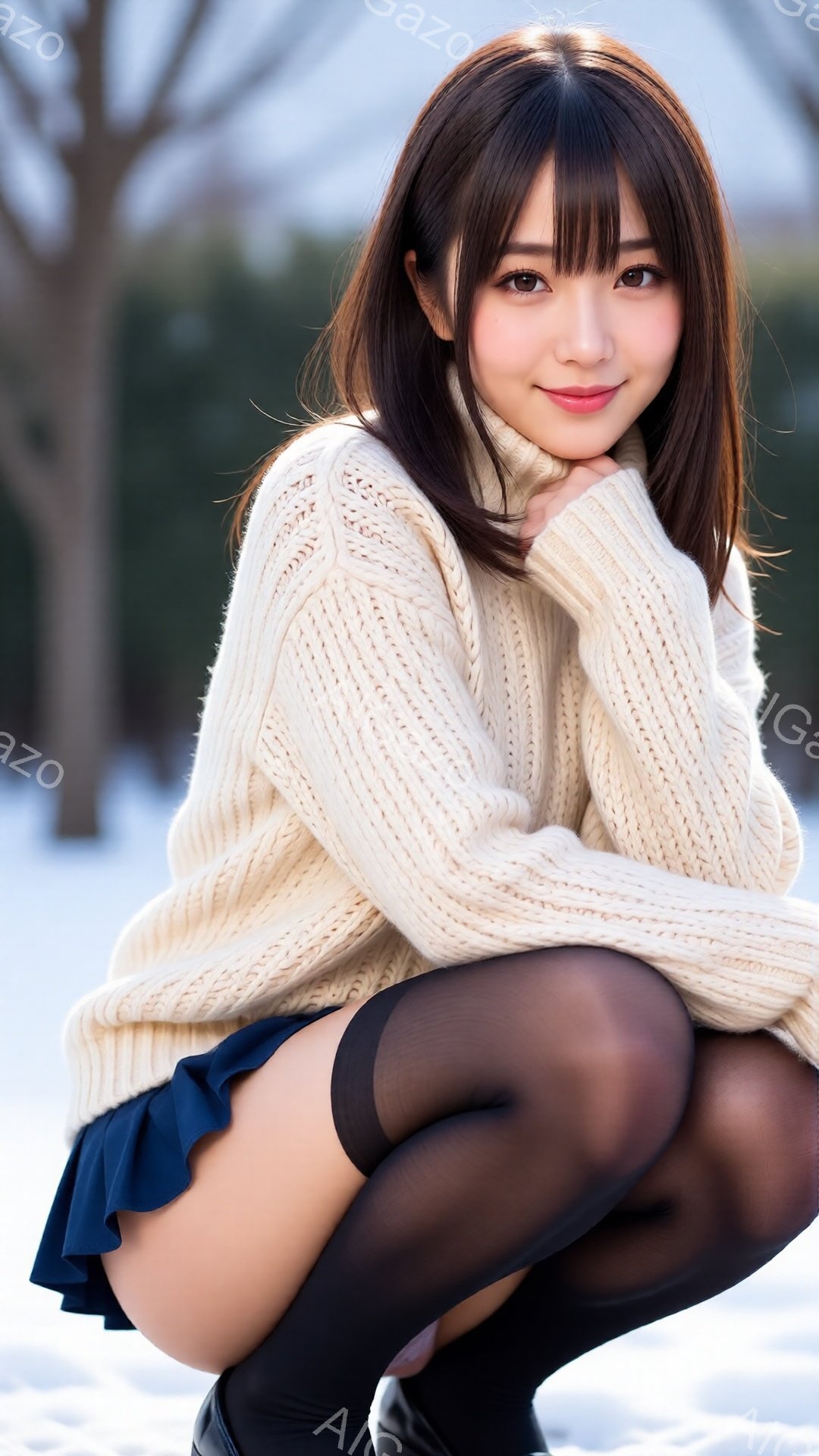 長い茶色の髪の女性が、オフホワイトのケーブルニットセーターと紺色のプリーツスカートを身に着けています。彼女はしゃがんだ姿勢で、片手を顎に当ててカメラを見つめ、穏やかな微笑みを浮かべています。背景には、 - AI生成フリー素材