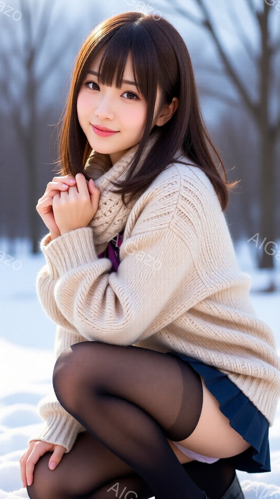 長い茶色の髪と前髪を持つ若い女性が、クリーム色のざっくりとしたニットセーターと青いプリーツスカート、黒いタイツ、そして黒いブーツを身に着けている。彼女は雪の上に膝を曲げて座り、両手を重ねて優雅な姿勢を - AI生成フリー素材